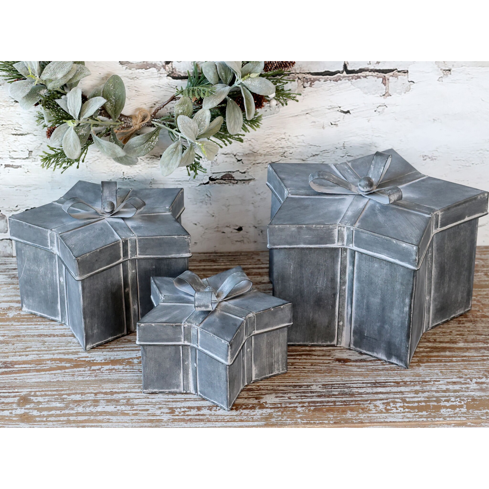 Winterliches Geschenkbox 3er-Set mit Schleife, antique zink 