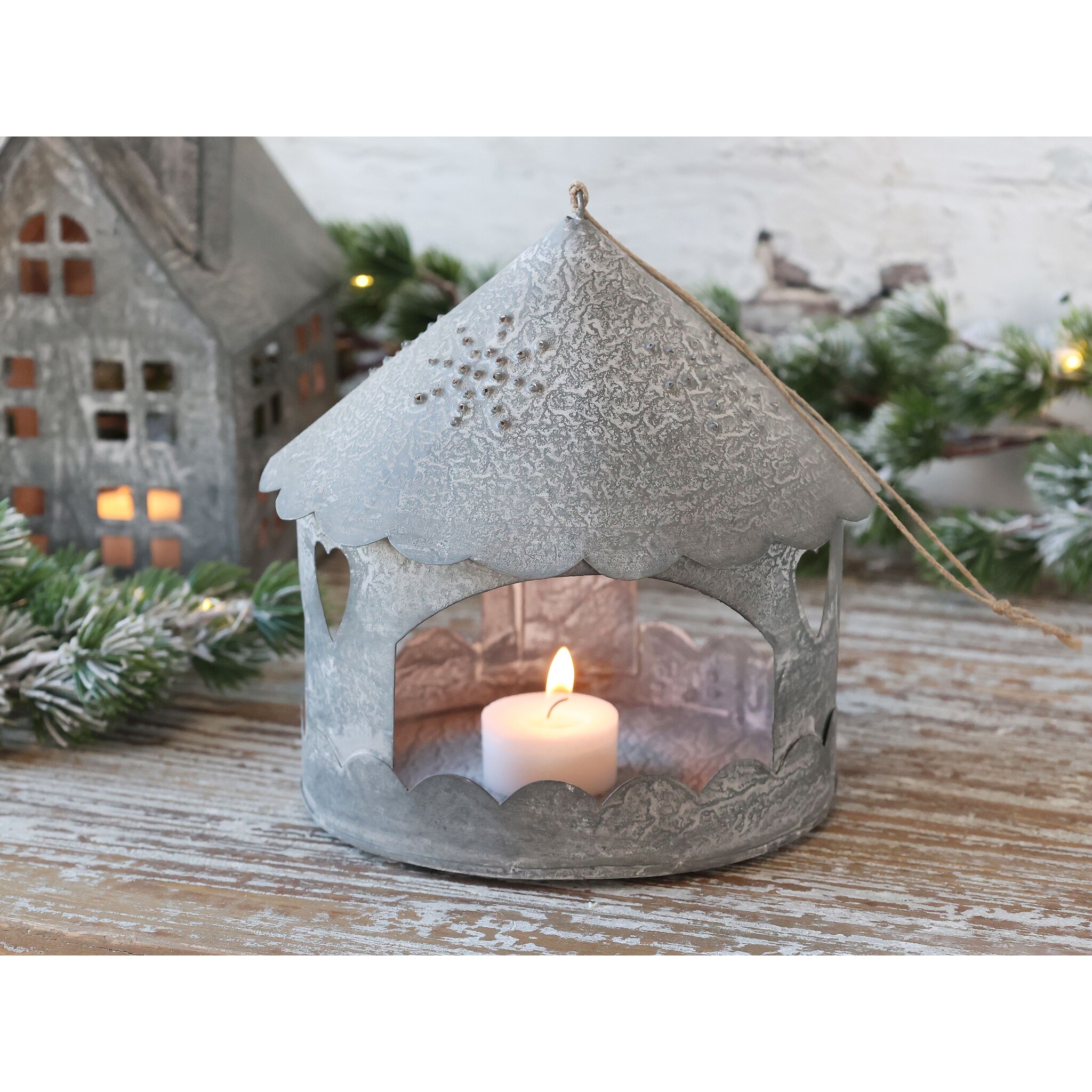 Winterliches Lichthaus zum Aufhängen Rund, antique zink 