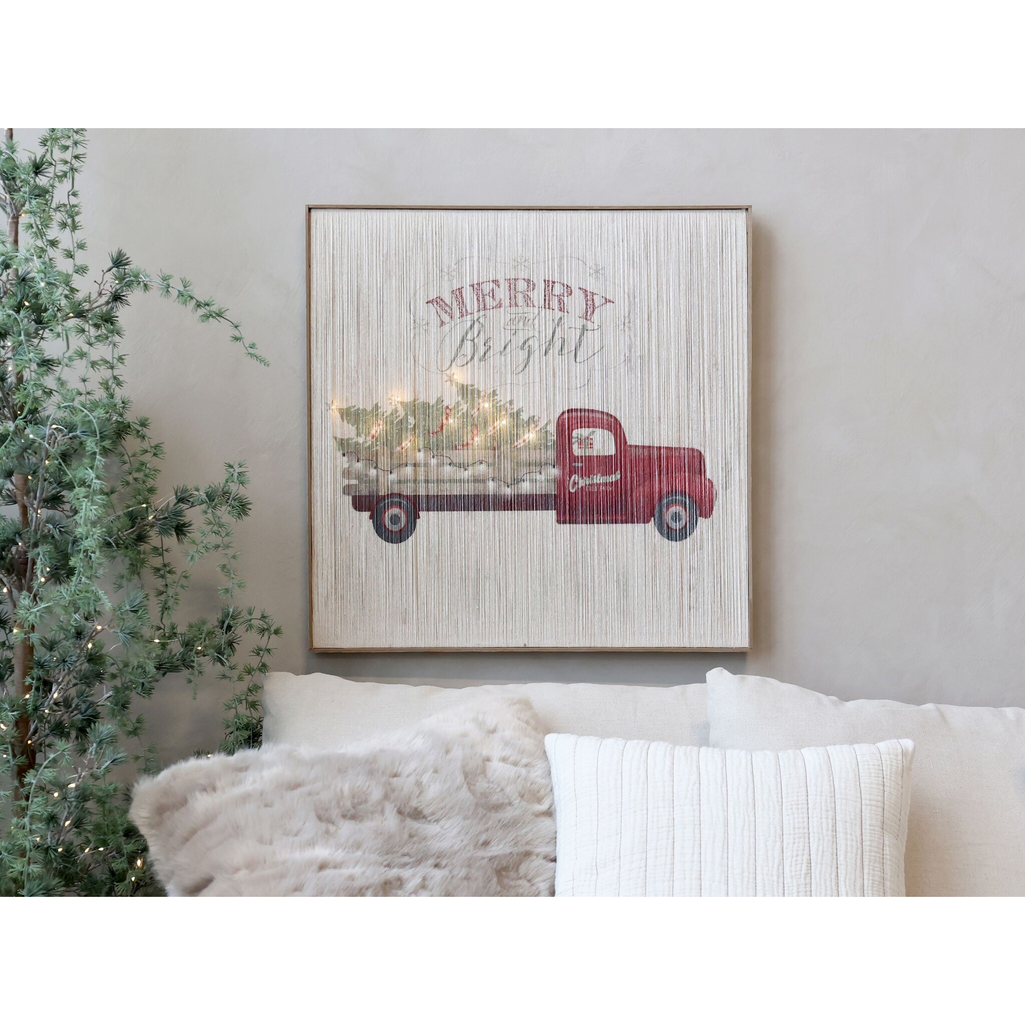 Winterliches Wandbild mit Transporter und LED Lichtern, natur