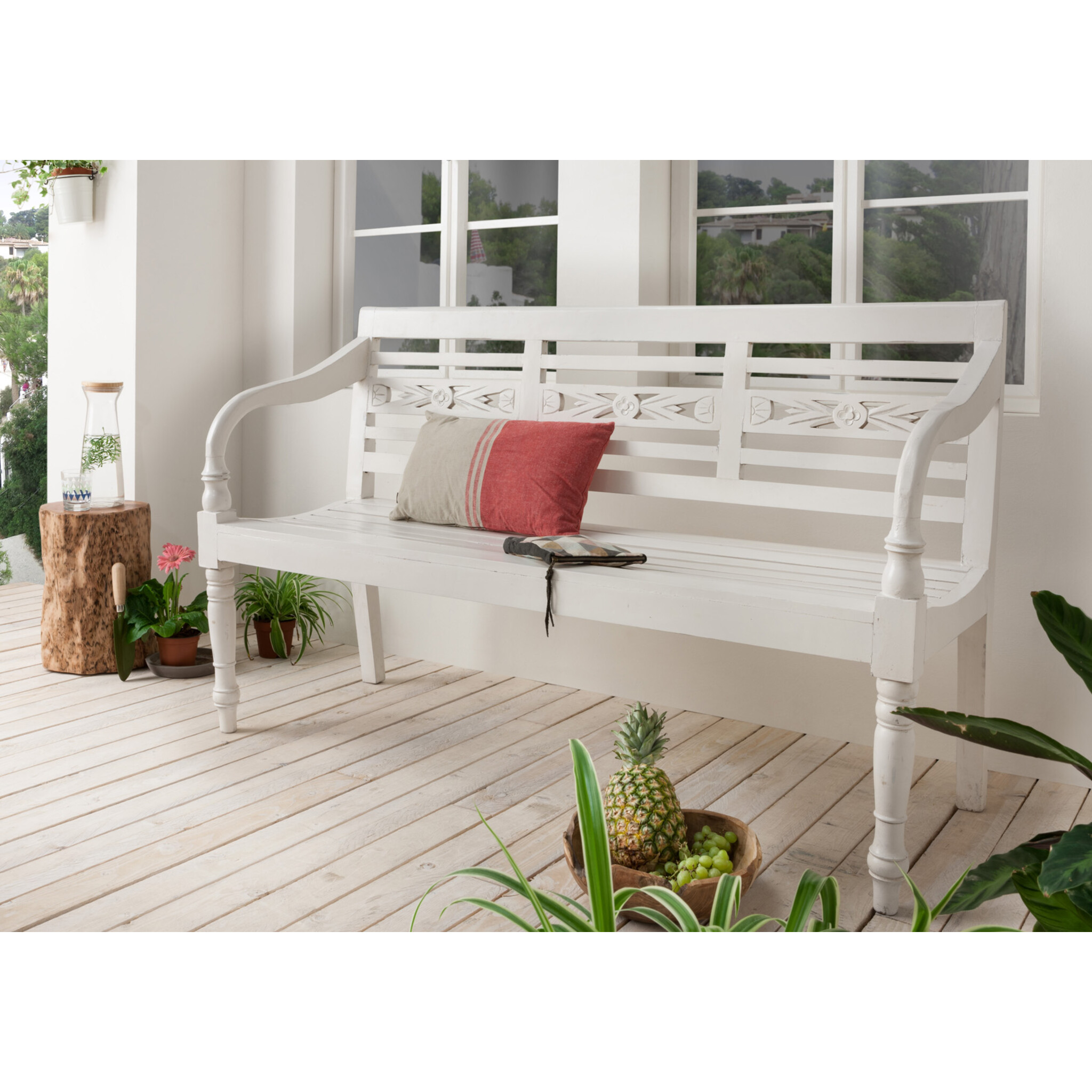 Sitzbank aus Mahagoni Holz, 3-sitzig, weiss 