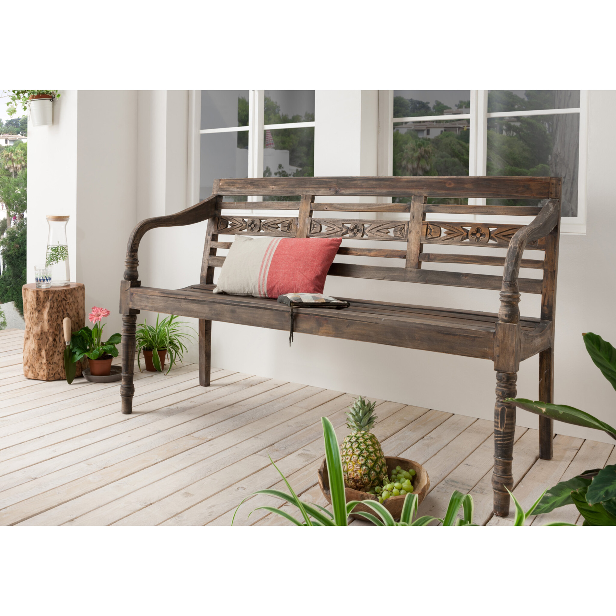 Sitzbank aus Mahagoni Holz, 3-sitzig, braun 