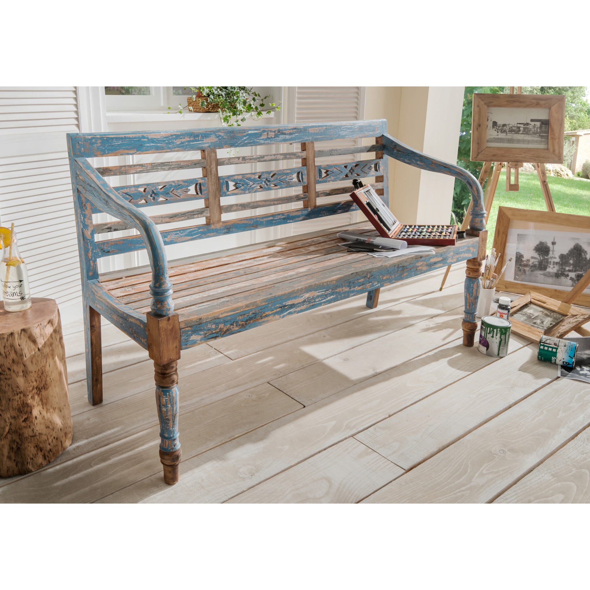 Sitzbank aus Mahagoni Holz, 3-sitzig, blau 