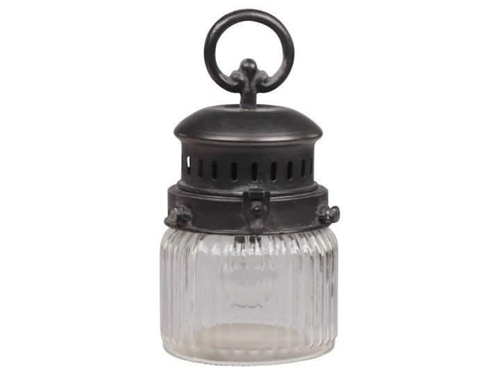 Chic Antique Französische Stalllaterne inkl. Glühbirne und Timer mit gerilltem Glas, antik kohle H22 cm