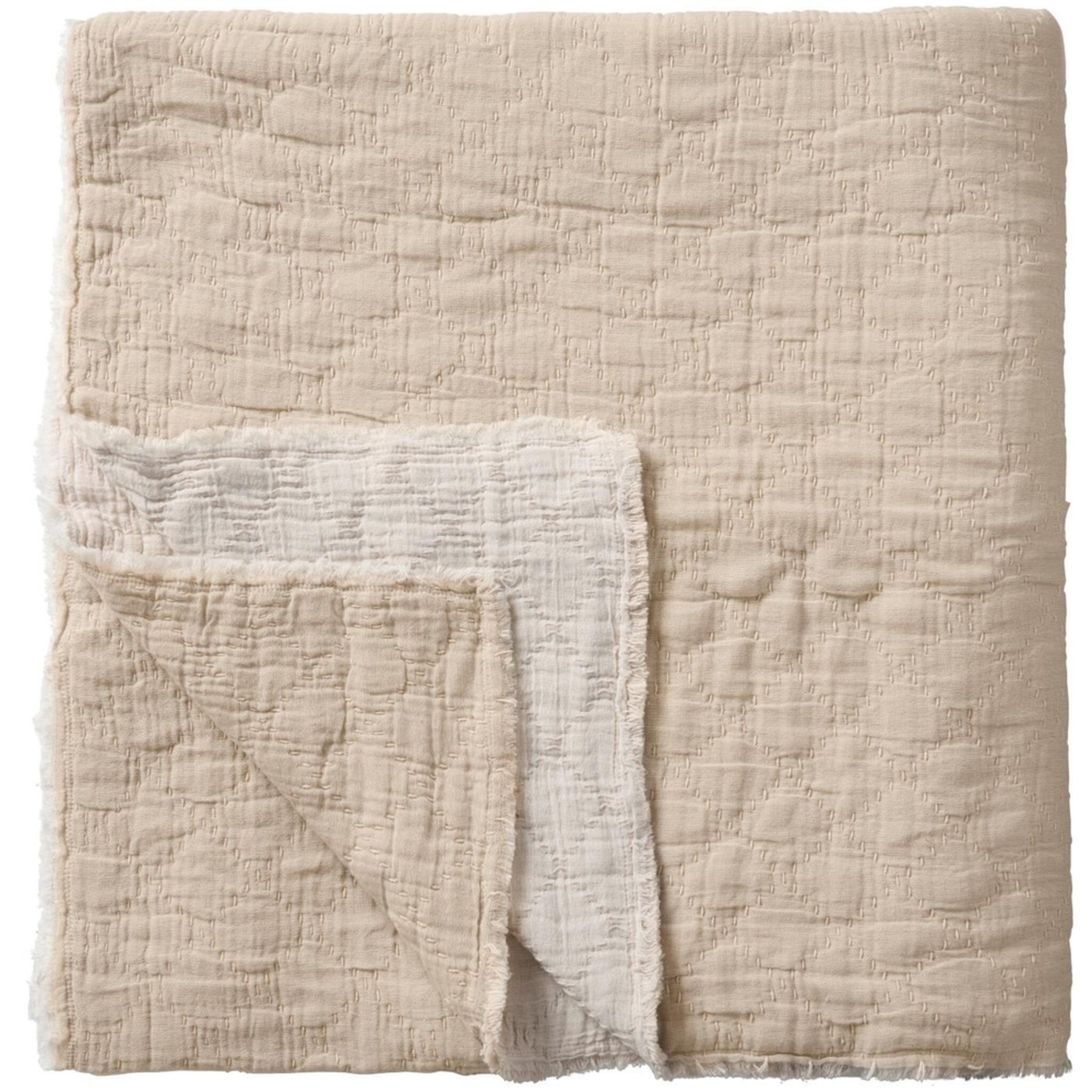 Bettdecke doppelt, doppelt gewebt Karo-Stickerei, natur 