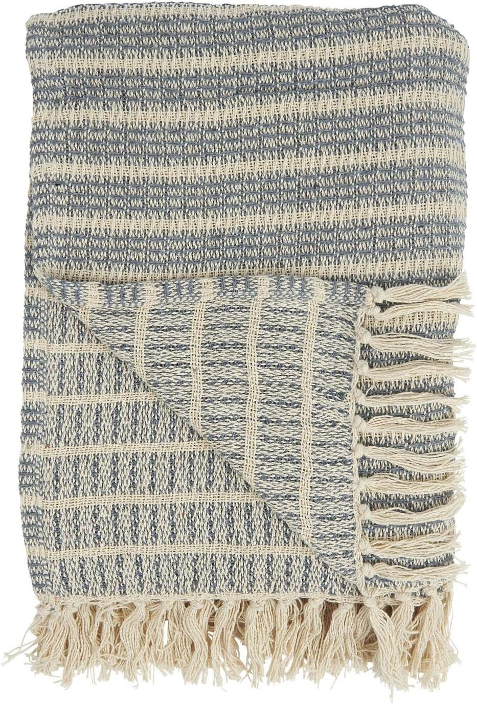 Decke mit Streifenmuster und Fransen, blau 
