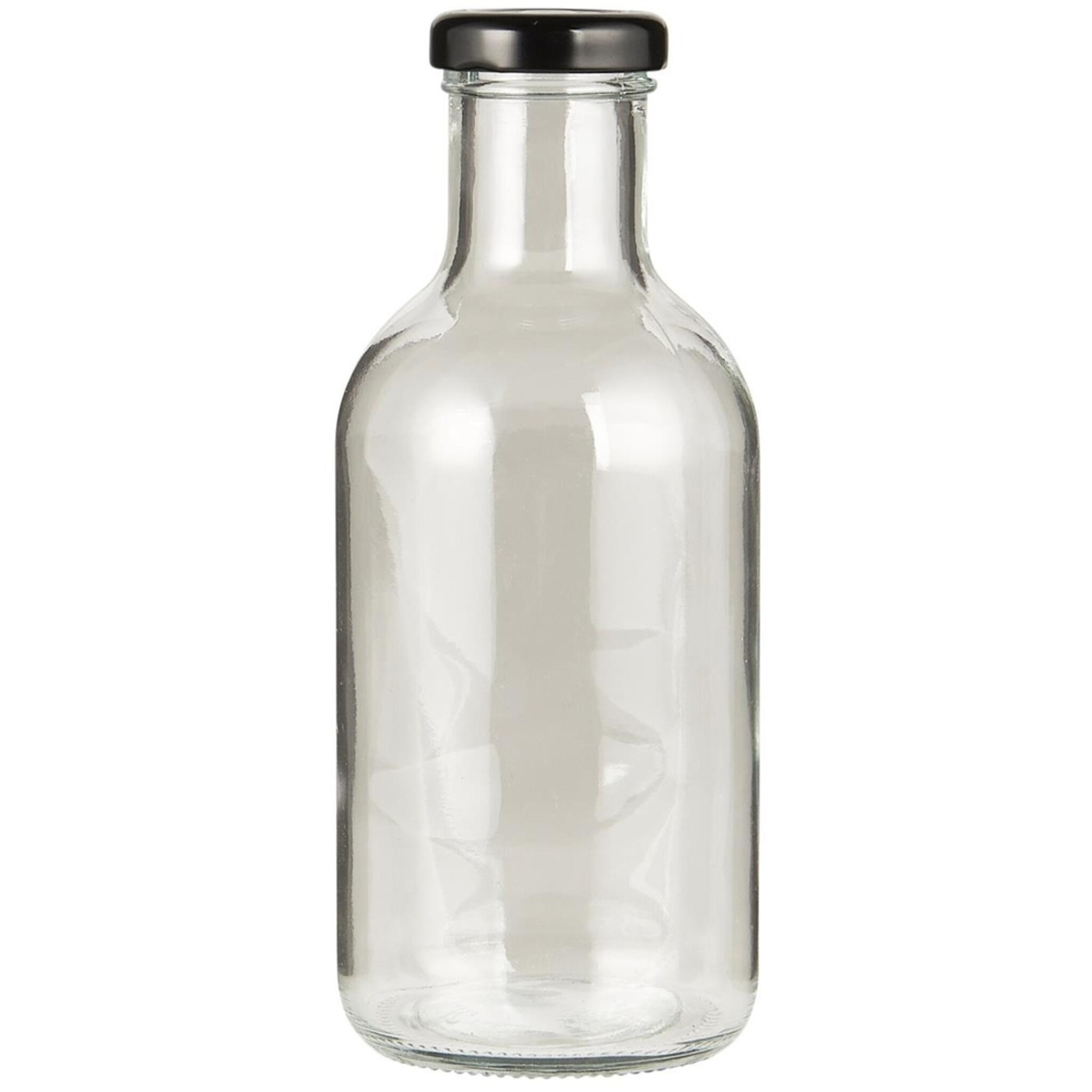 Glas-Flasche mit schwarzem Schraubdeckel, klar 490 ml, Höhe 18.3, Ø 7.6 cm