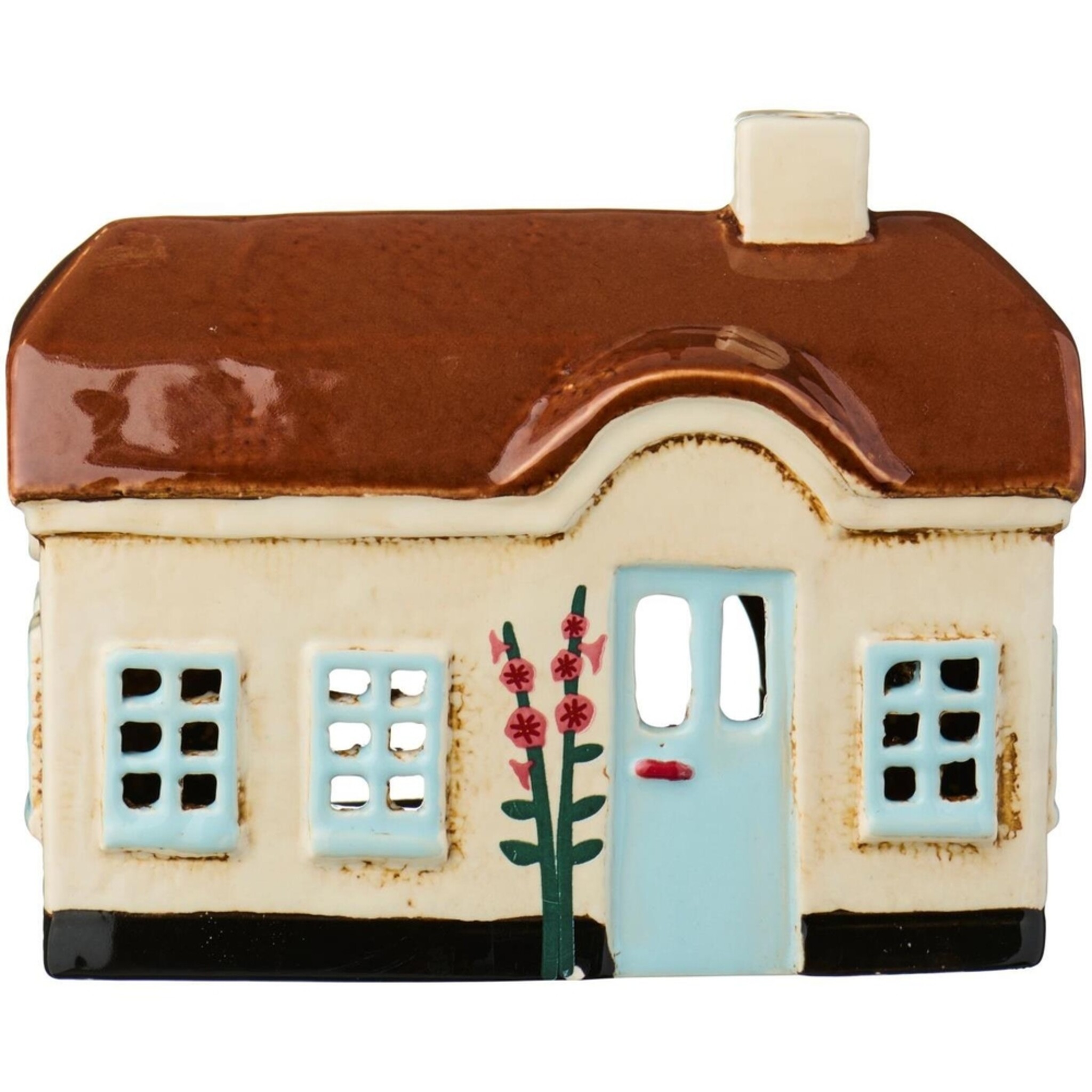 IB Laursen Lichthaus Ebeltoft – Keramikhaus mit hellblauer Tür und Stockrosen, hellblau 