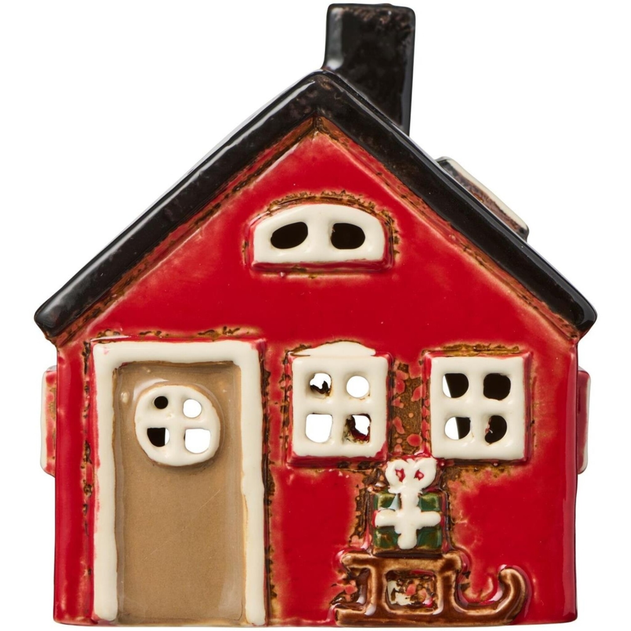 Teelichthaus Stillenat Keramikhäuschen mit Schlitten Motiv, rot 