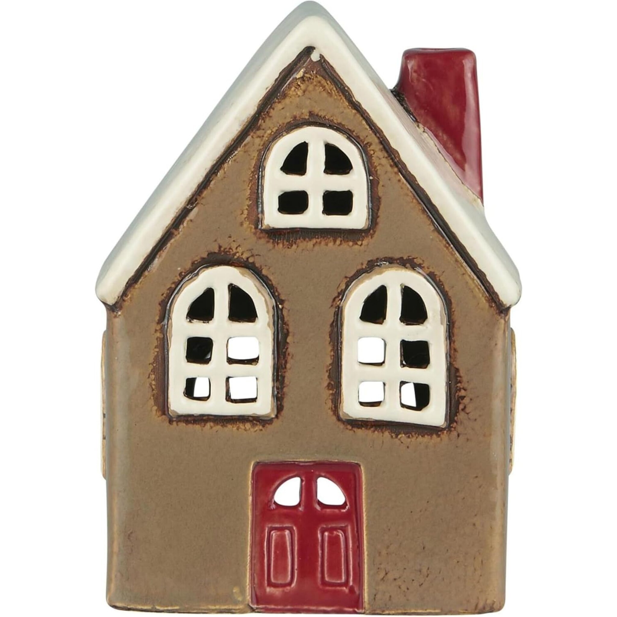 Keramik Teelichthaus Stillenat rote Tür, braun 