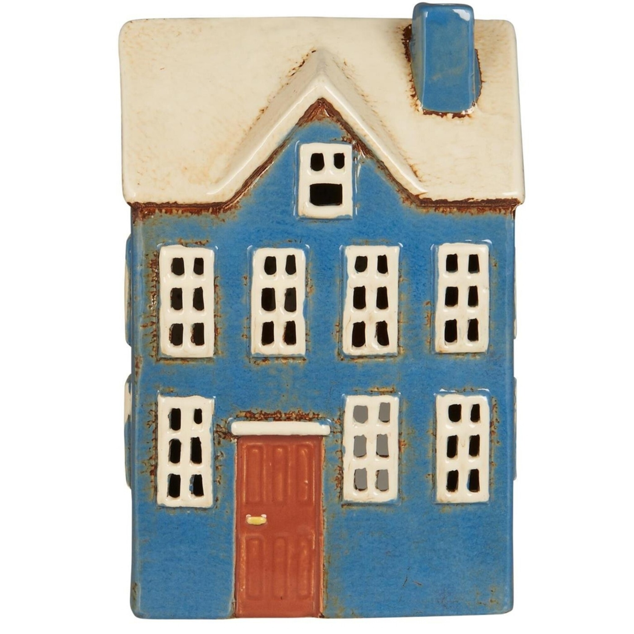 Keramikhaus für Teelicht Nyhavn blau mit brauner Tür, blau