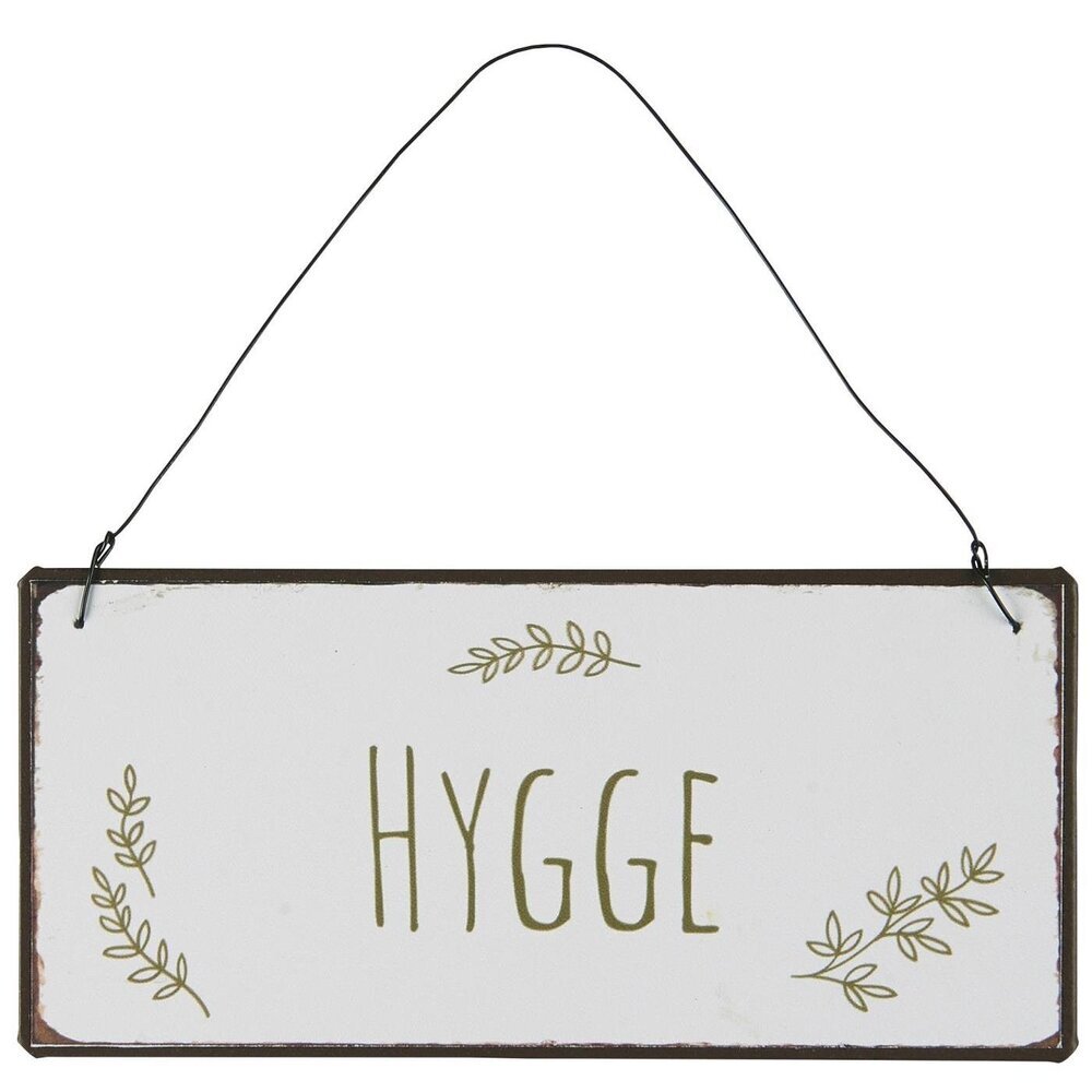 Metallschild Hygge, grüne Schrift, weiss 