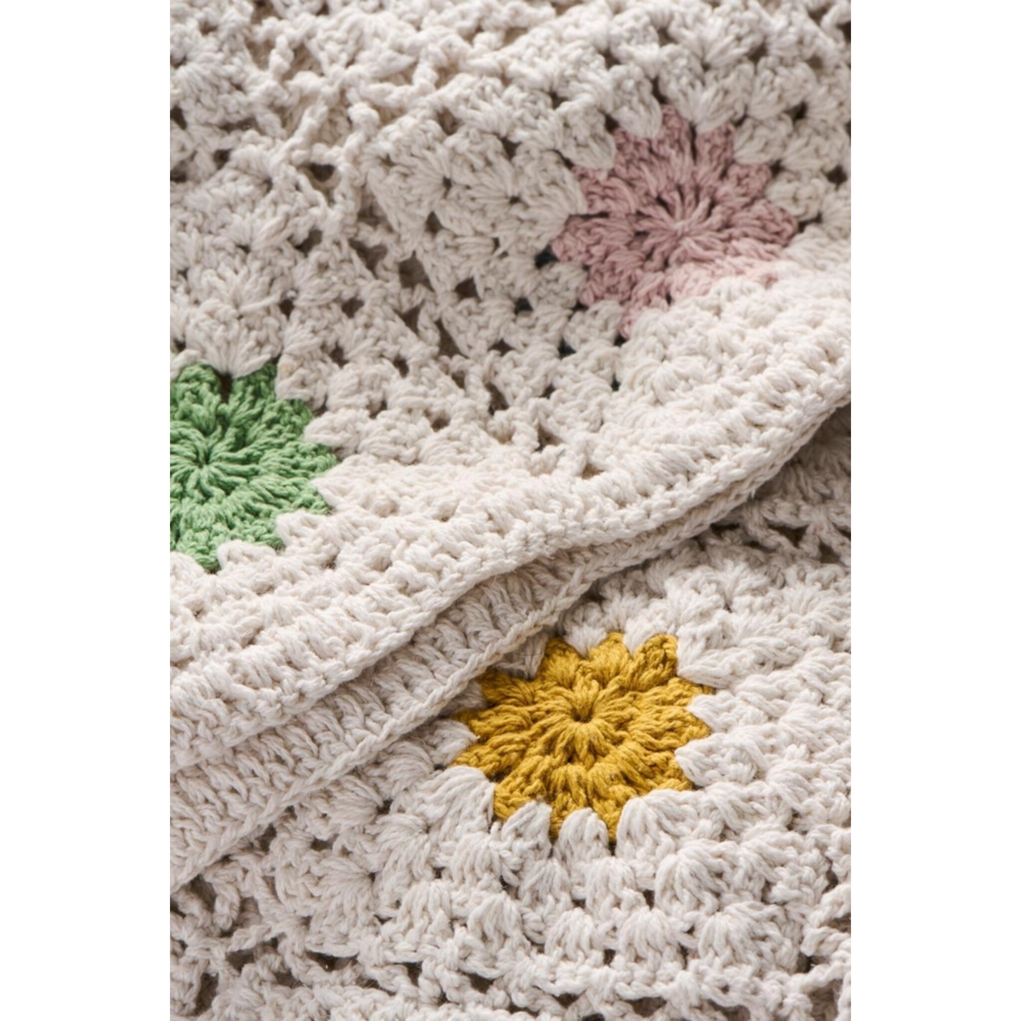 Häkelplaid Blumenwiese aus Baumwolle, creme 