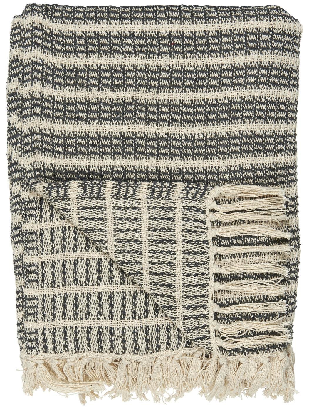 Decke mit Streifenmuster und Fransen, dunkelgrau 