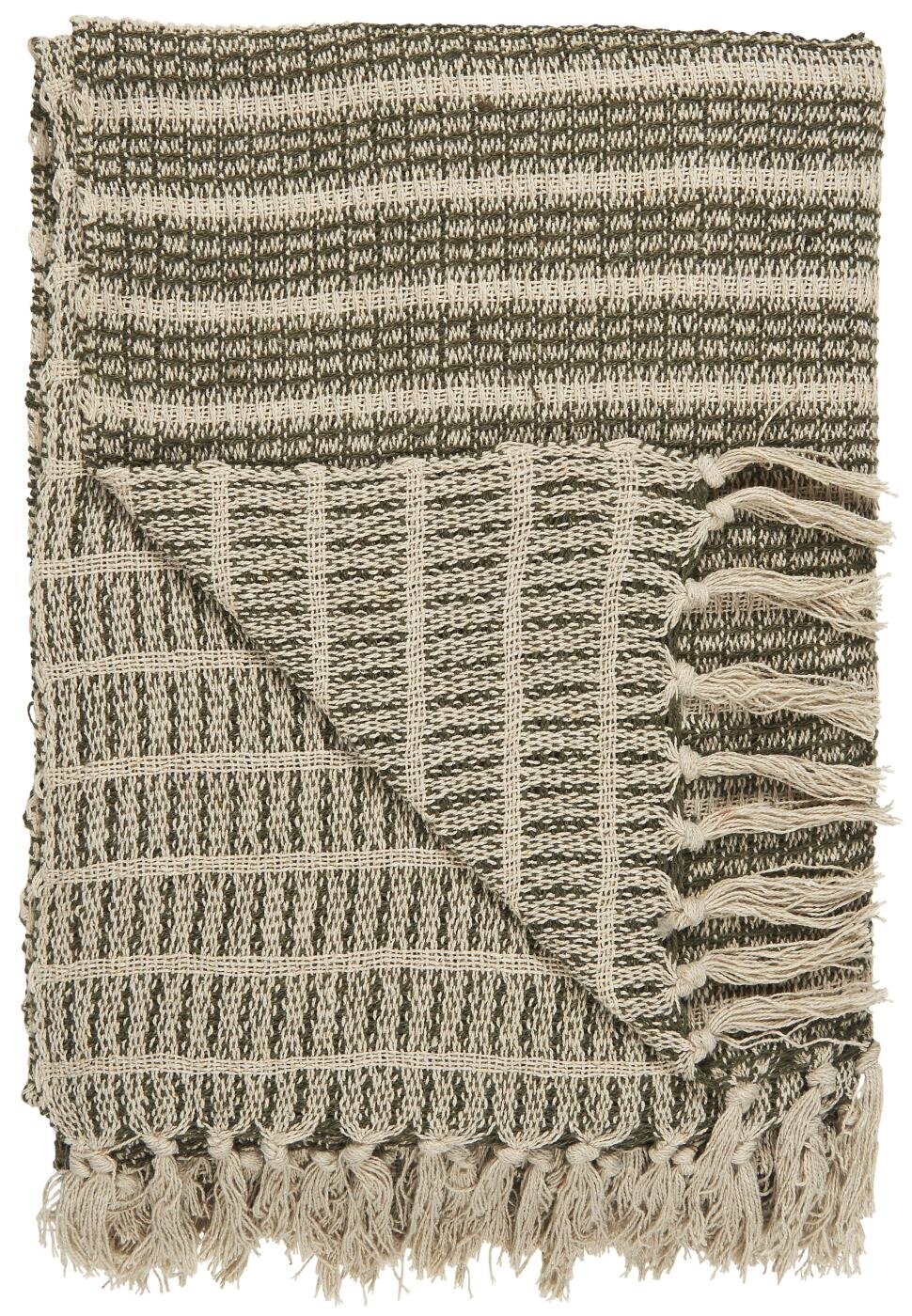 Decke mit Streifenmuster und Fransen, olive 