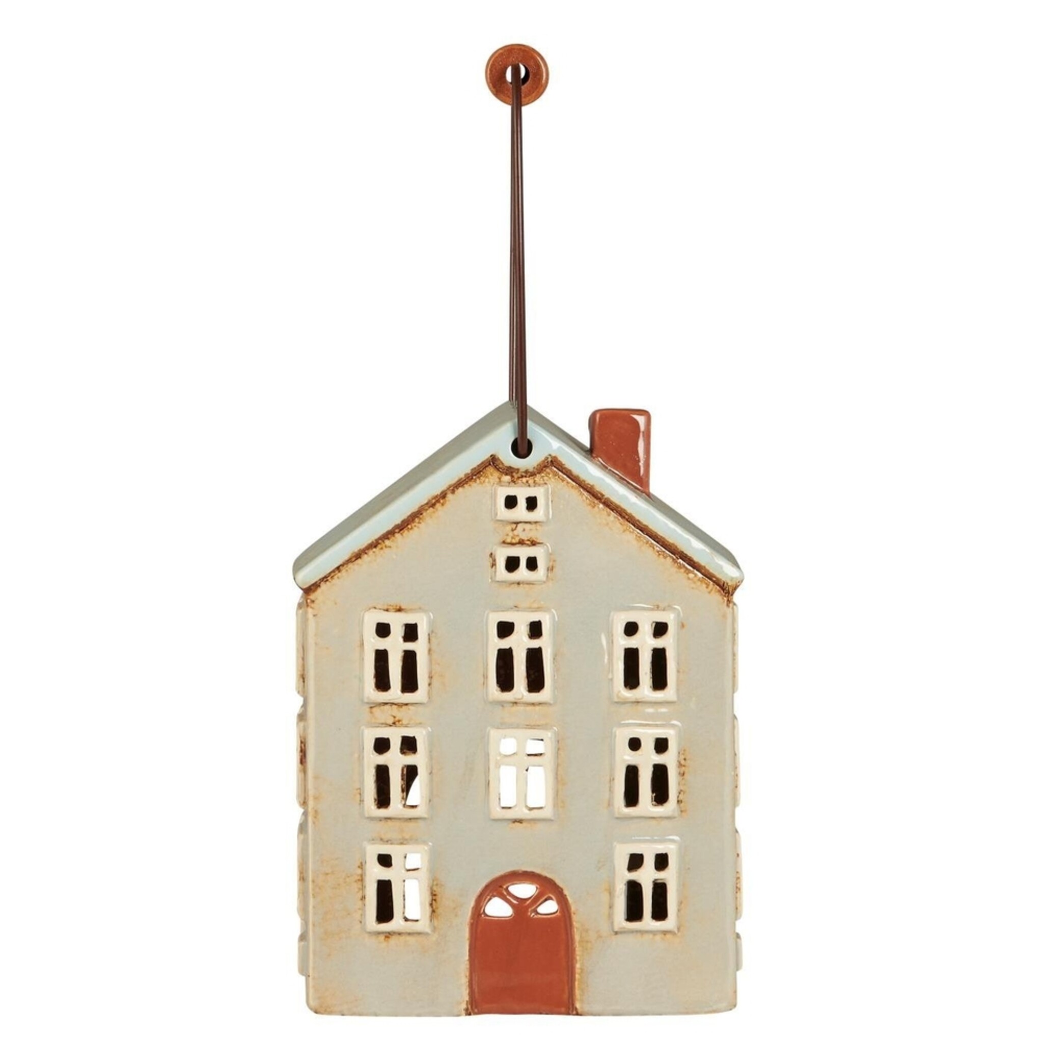 Teelicht Häuschen aus Keramik Nyhavn mit Holzgriff, hellblau 