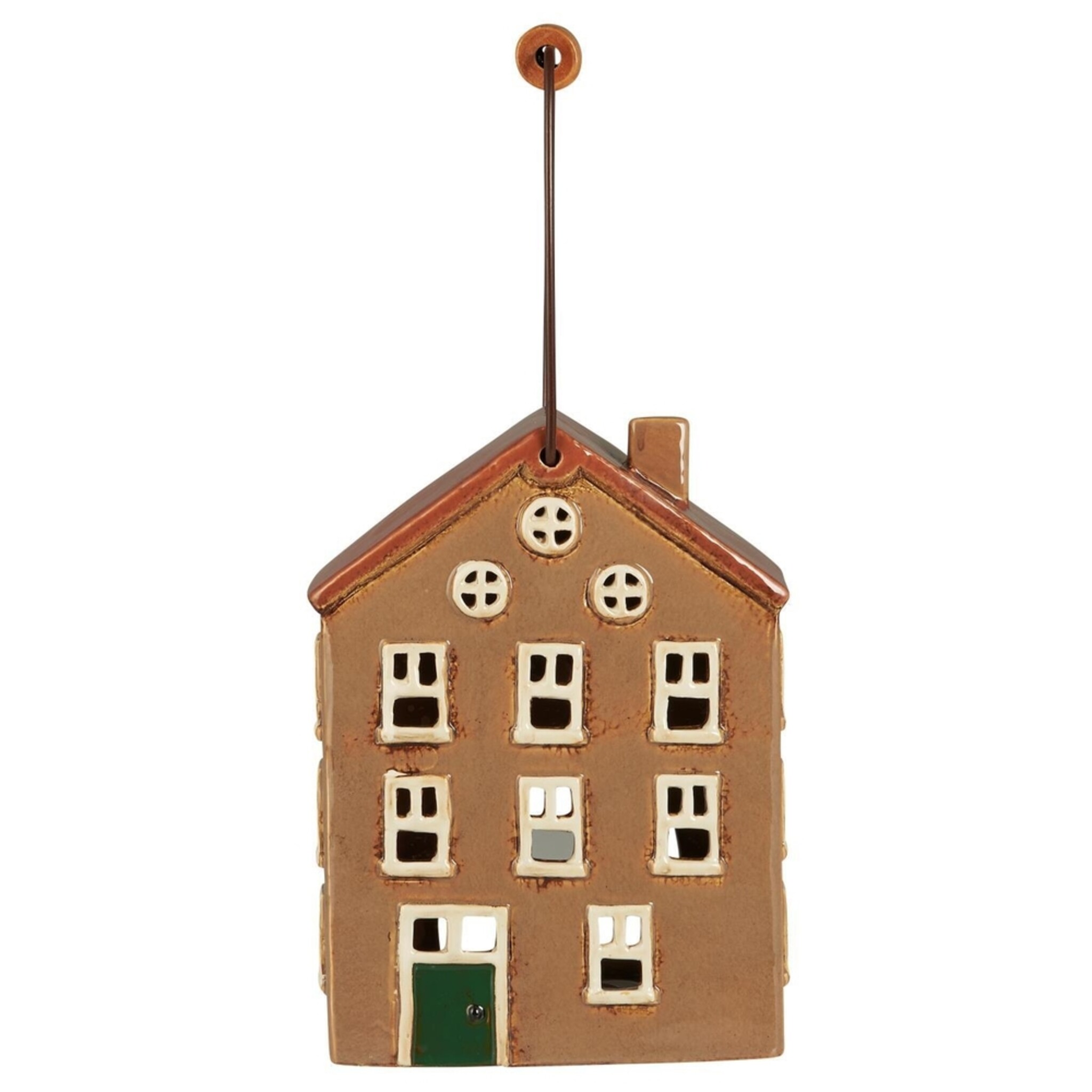 Teelicht Häuschen aus Keramik Nyhavn mit Holzgriff, braun 