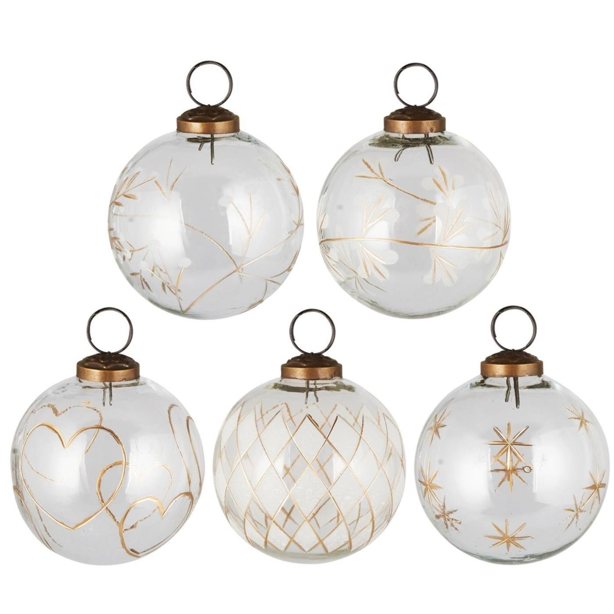 Weihnachtskugel 5er-Set mit goldfarbener Eingravierung, transparent Höhe 8.5, Ø 7.6 cm