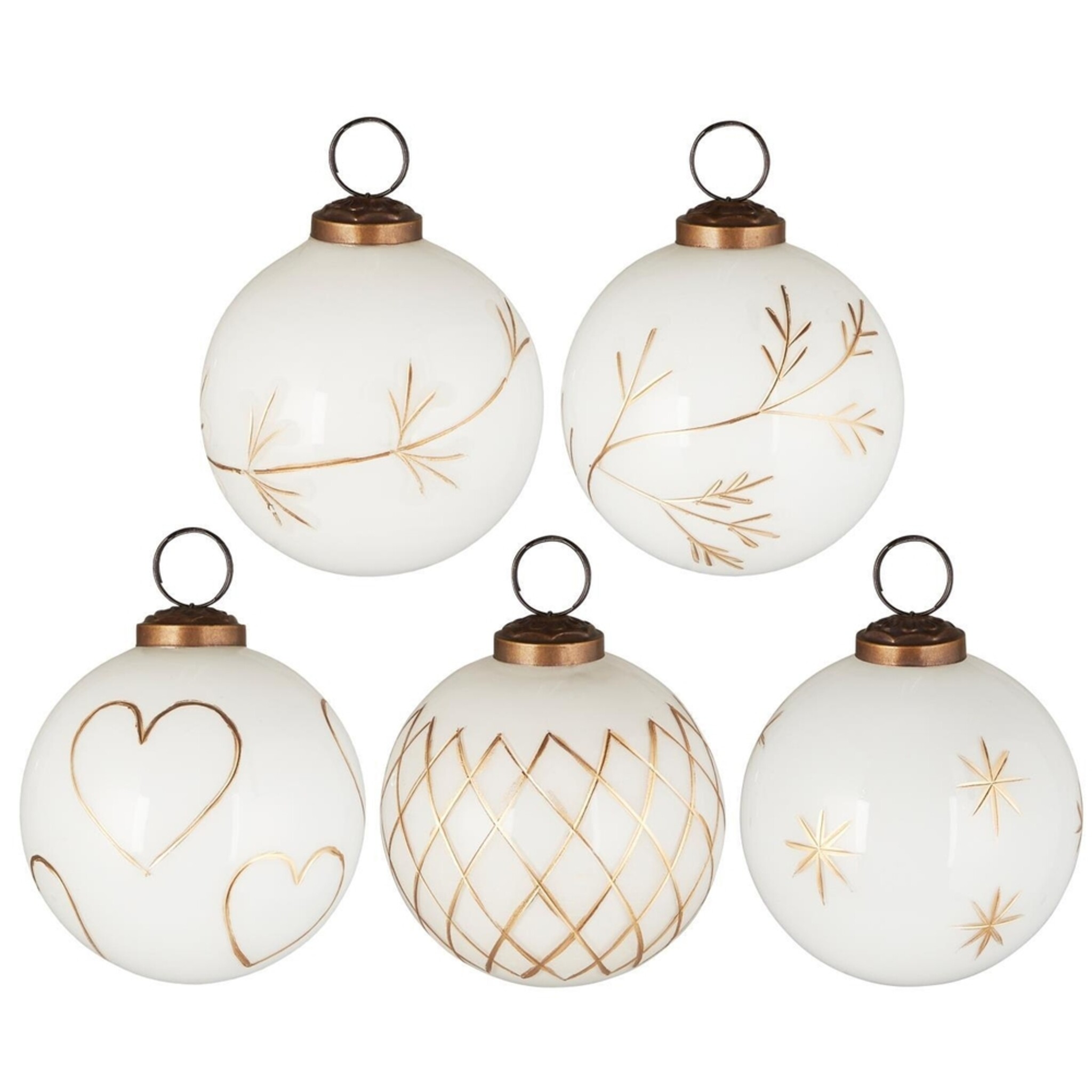 Weihnachtskugel 5er-Set mit goldfarbener Eingravierung, weiss Höhe 8.5, Ø 7.6 cm