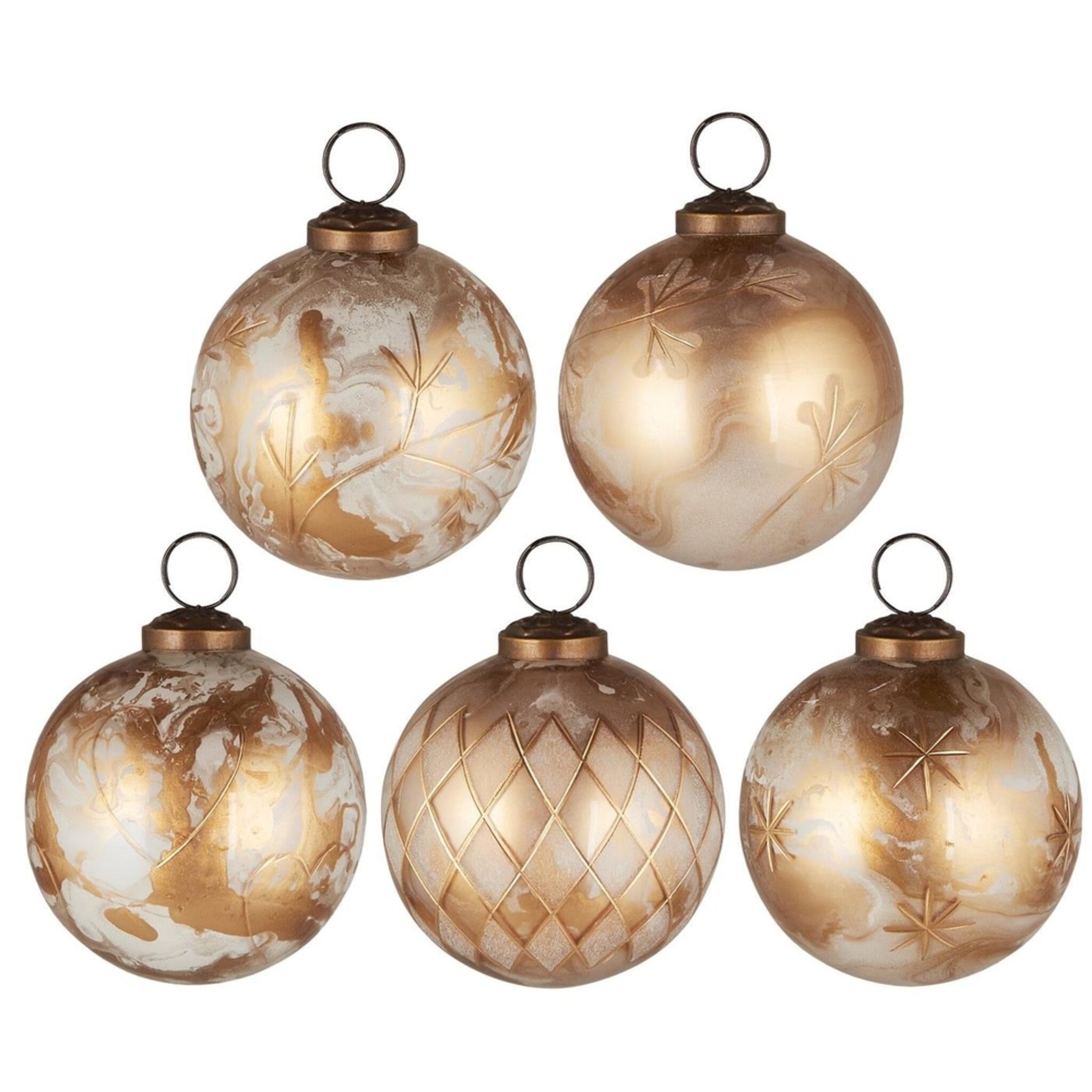 Weihnachtskugel 5er-Set mit goldfarbener Eingravierung, messing Höhe 8.5, Ø 7.6 cm