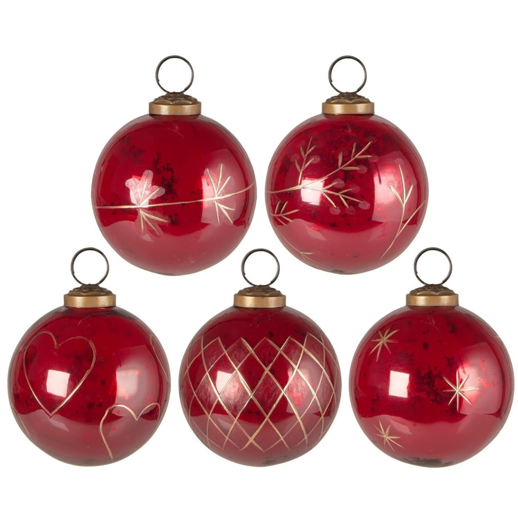 Weihnachtskugel 5er-Set mit goldfarbener Eingravierung, rot Höhe 8.5, Ø 7.6 cm