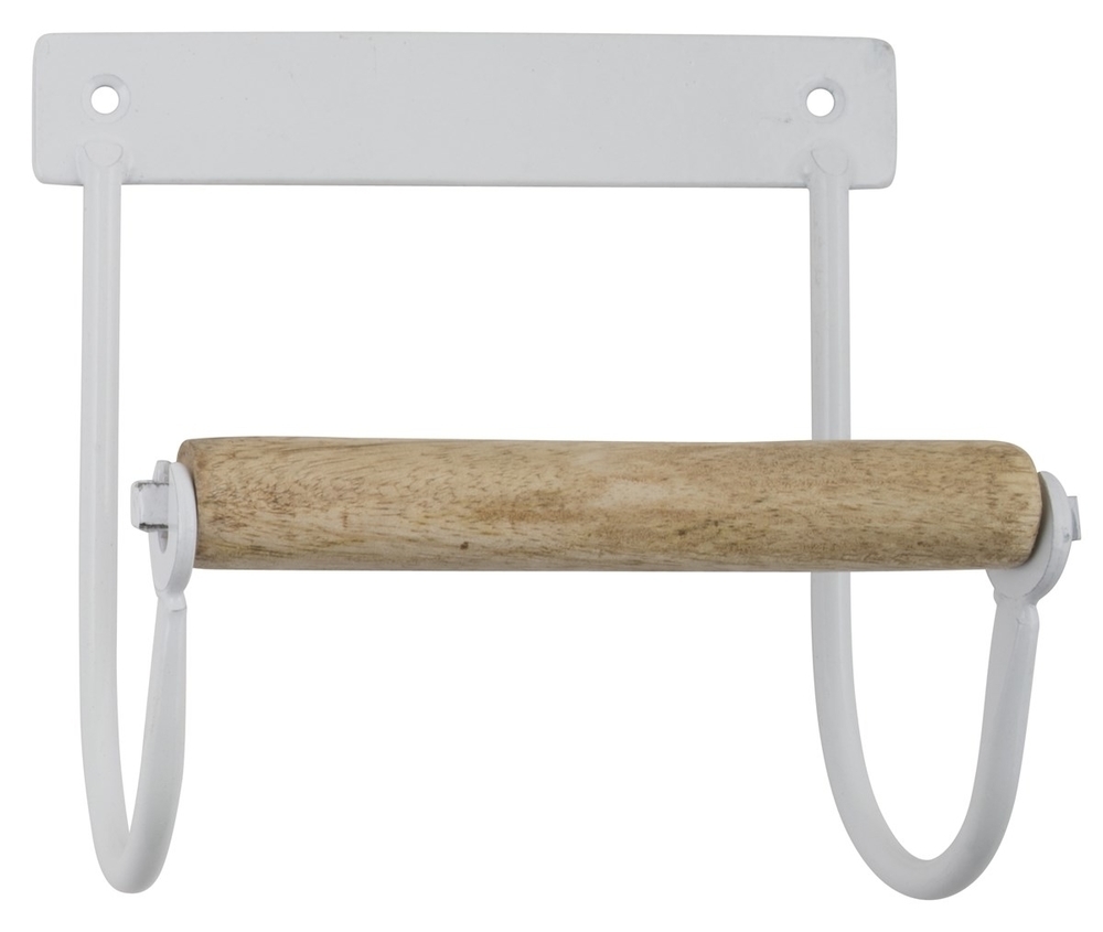 Toilettenpapierhalter aus Metall mit Holzrolle, weiss 