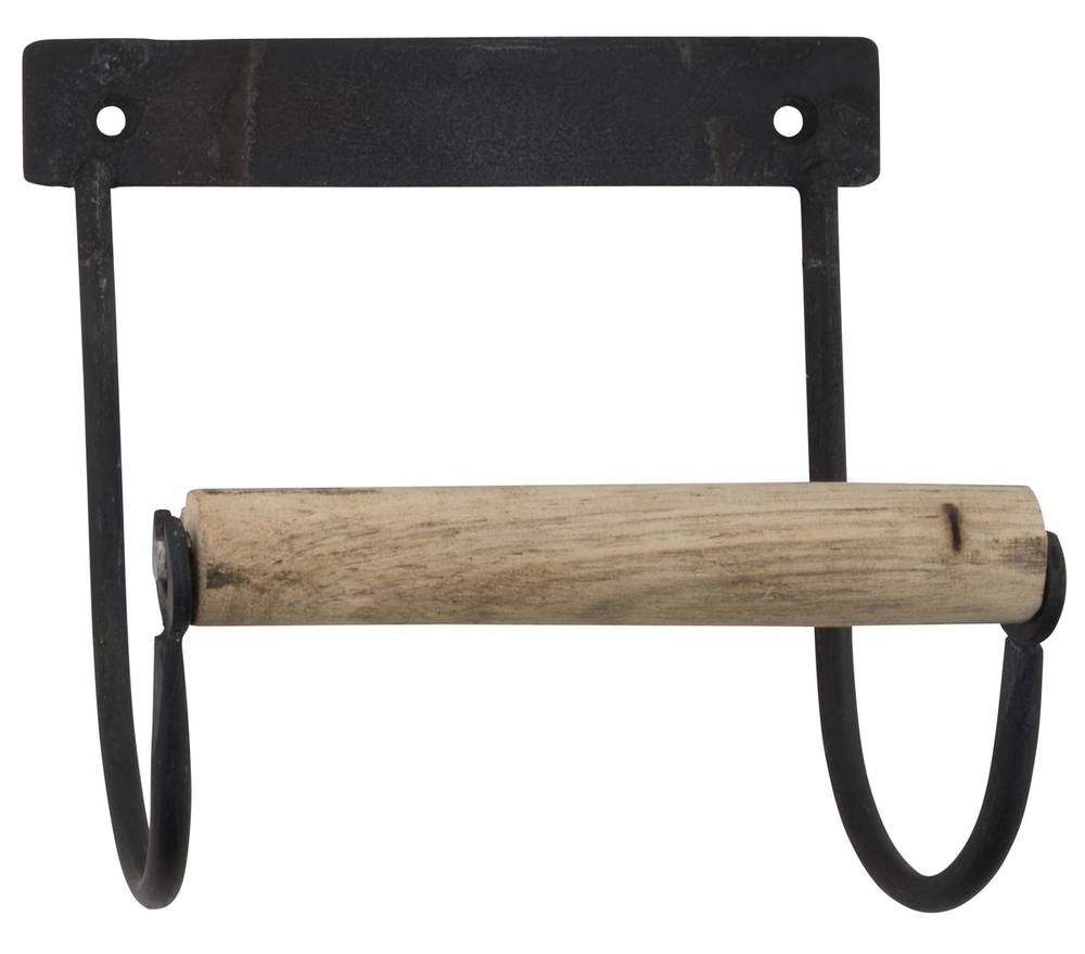 Toilettenpapierhalter aus Metall mit Holzrolle, schwarz 