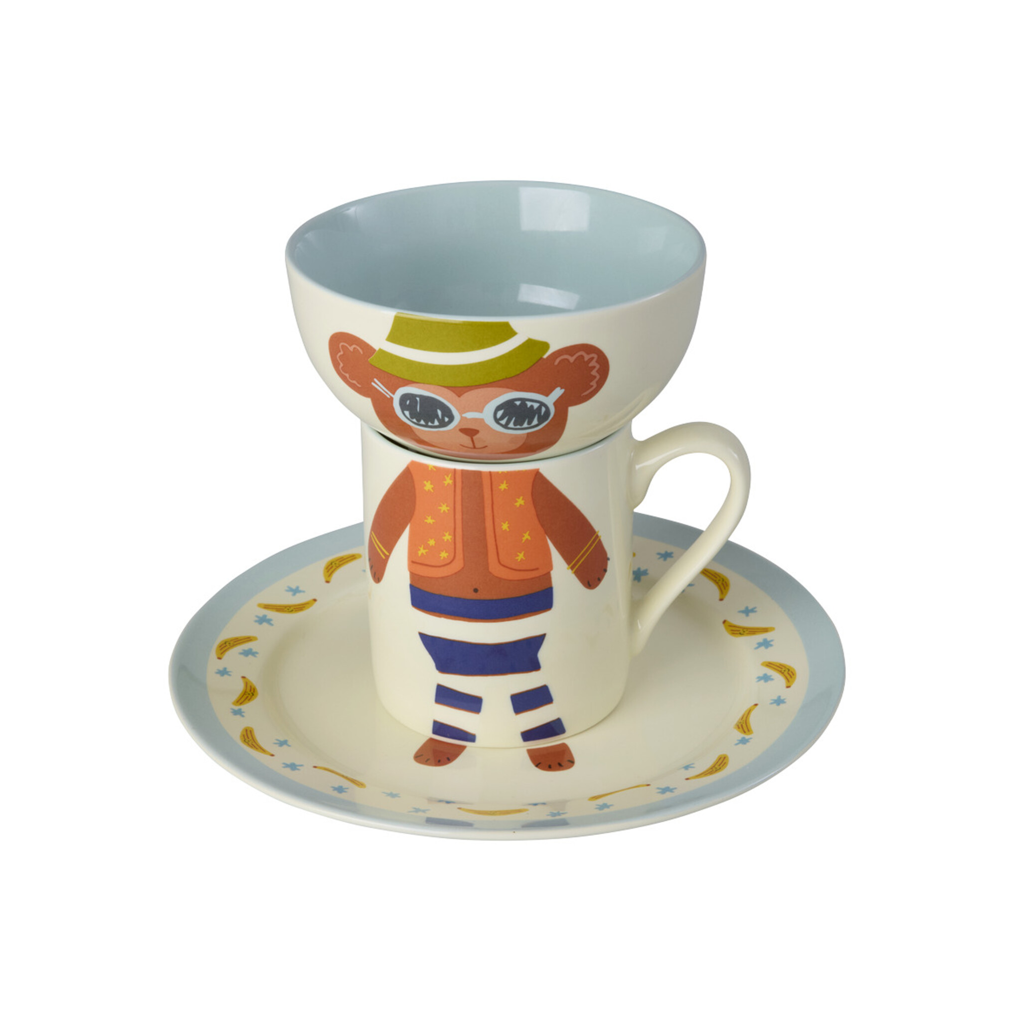 RICE Kinder Porzellan Gerschirr-Set 3-teilig, Tiermotiv, bunt 