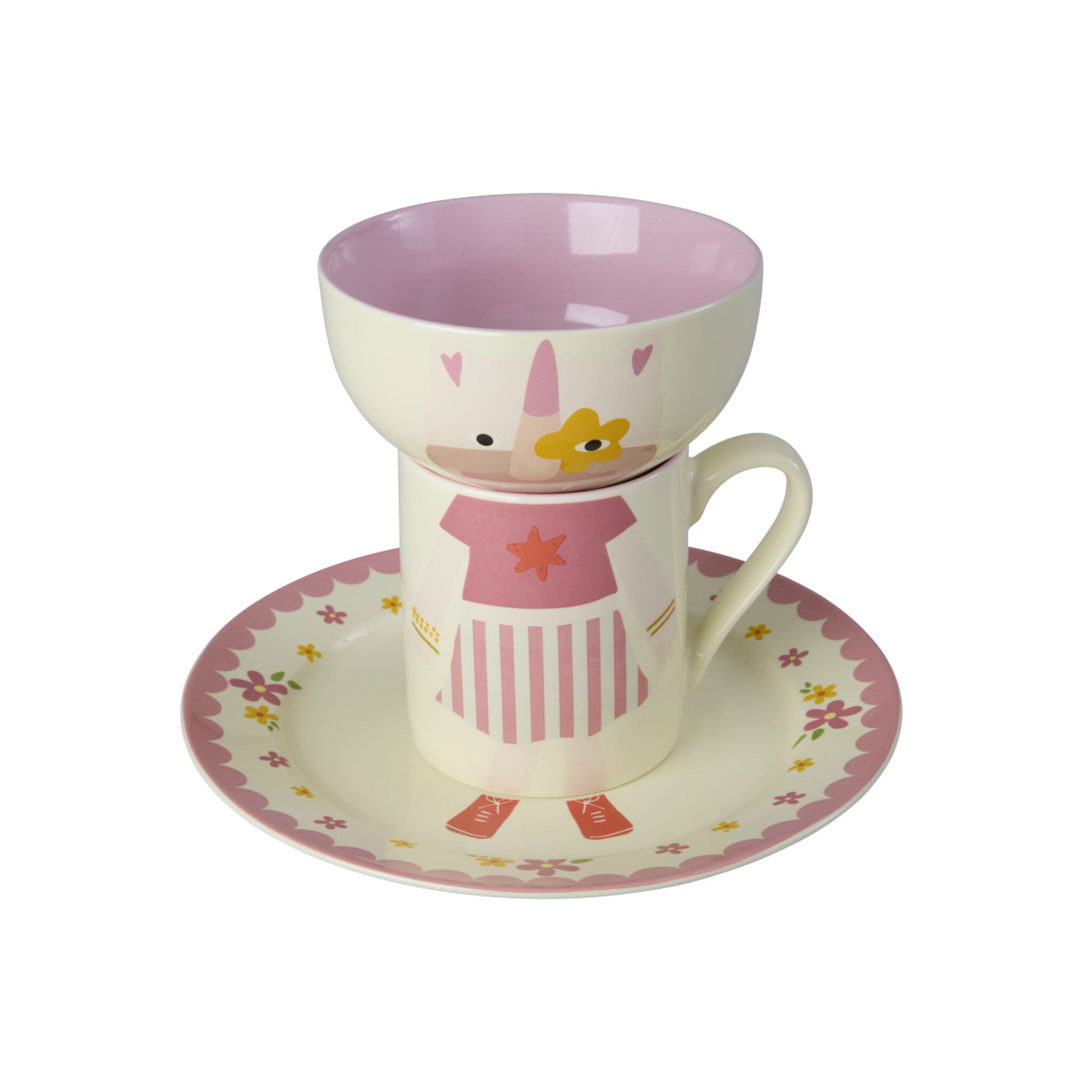 RICE Kinder Porzellan Gerschirr-Set 3-teilig, Tiermotiv, bunt 