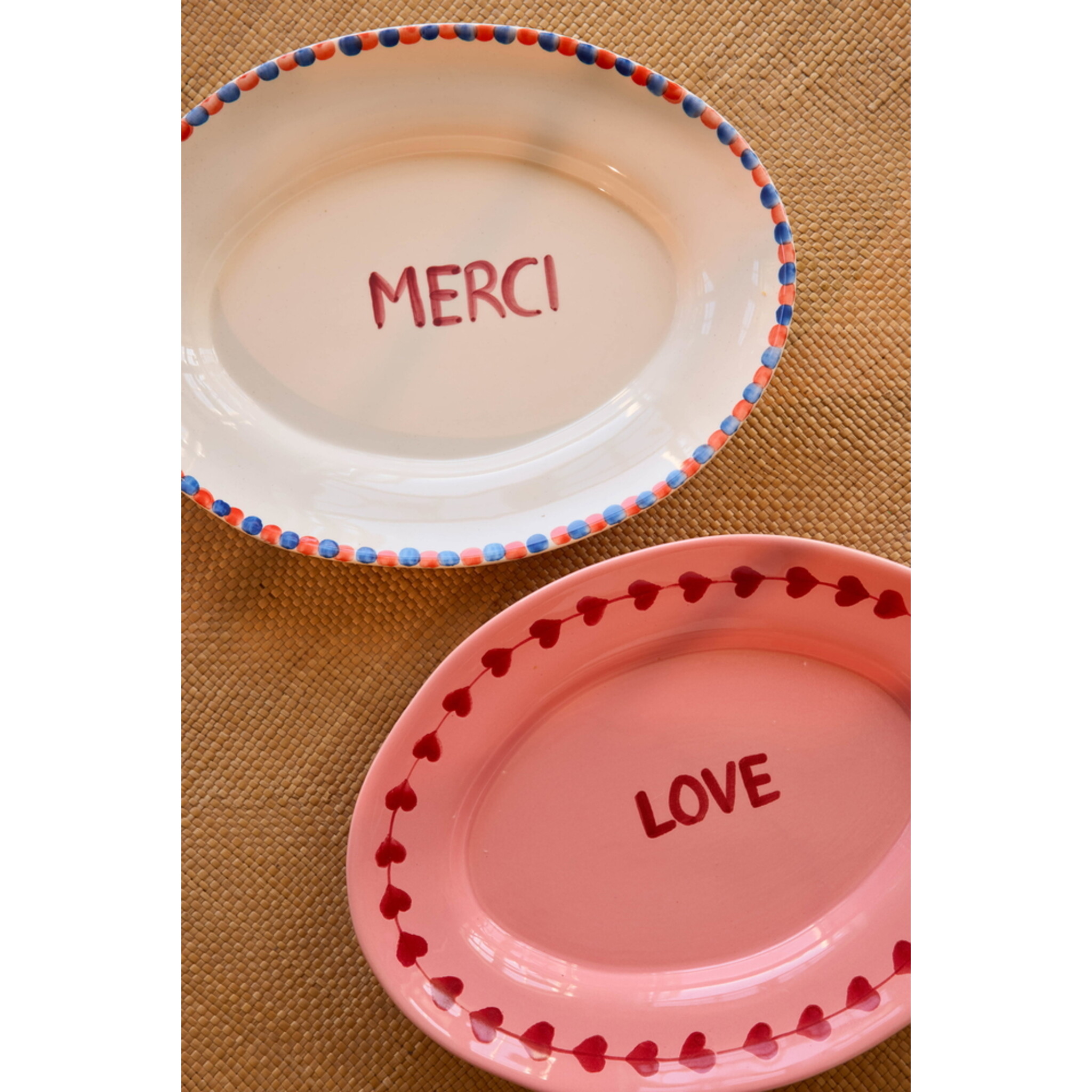 Handbemalte Keramik Servierplatte MERCI, creme 