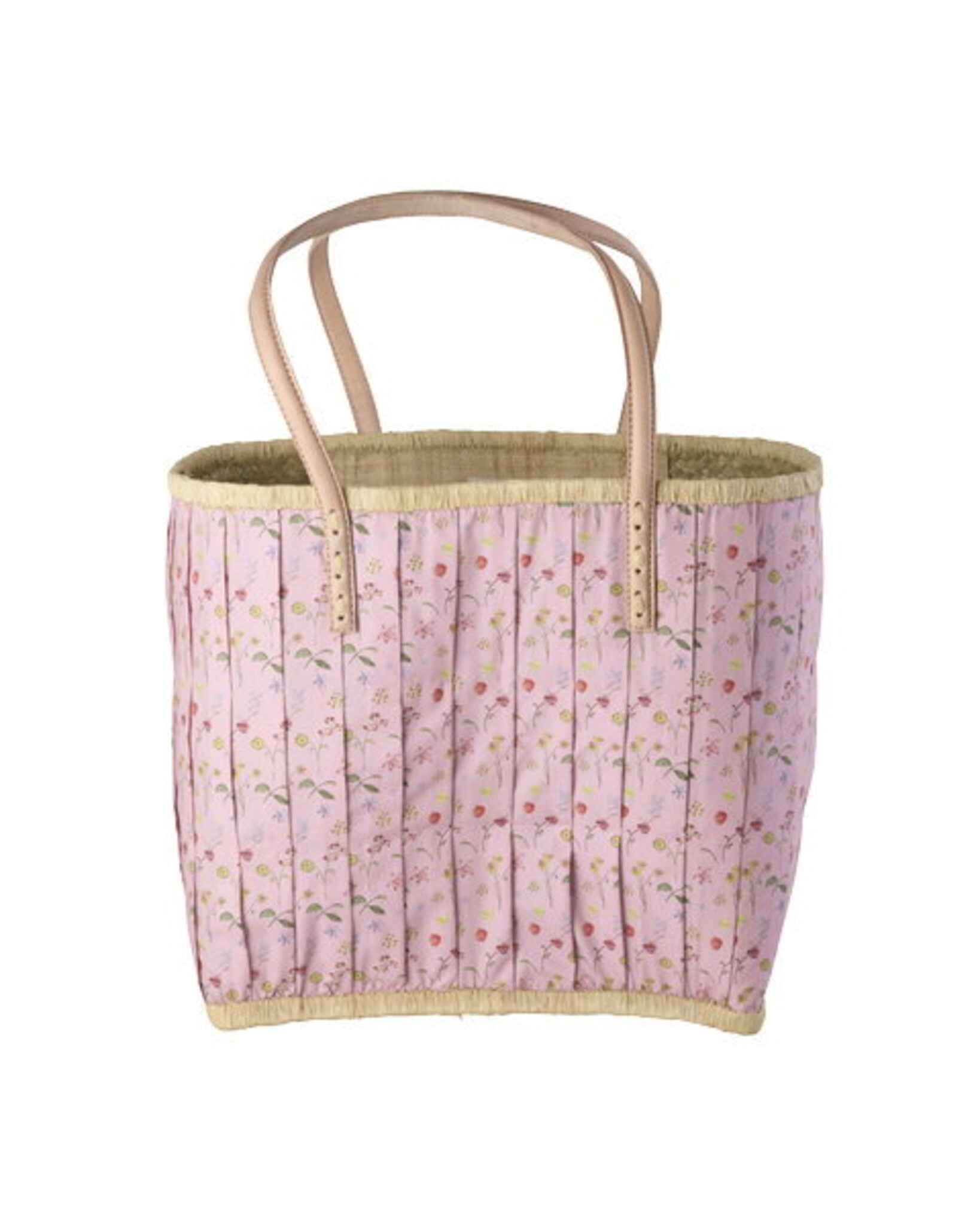 RICE Raffia-Tasche Pink mit Lederhenkeln & Stoffverschluss, pink L: 36 x 24 x 33 cm