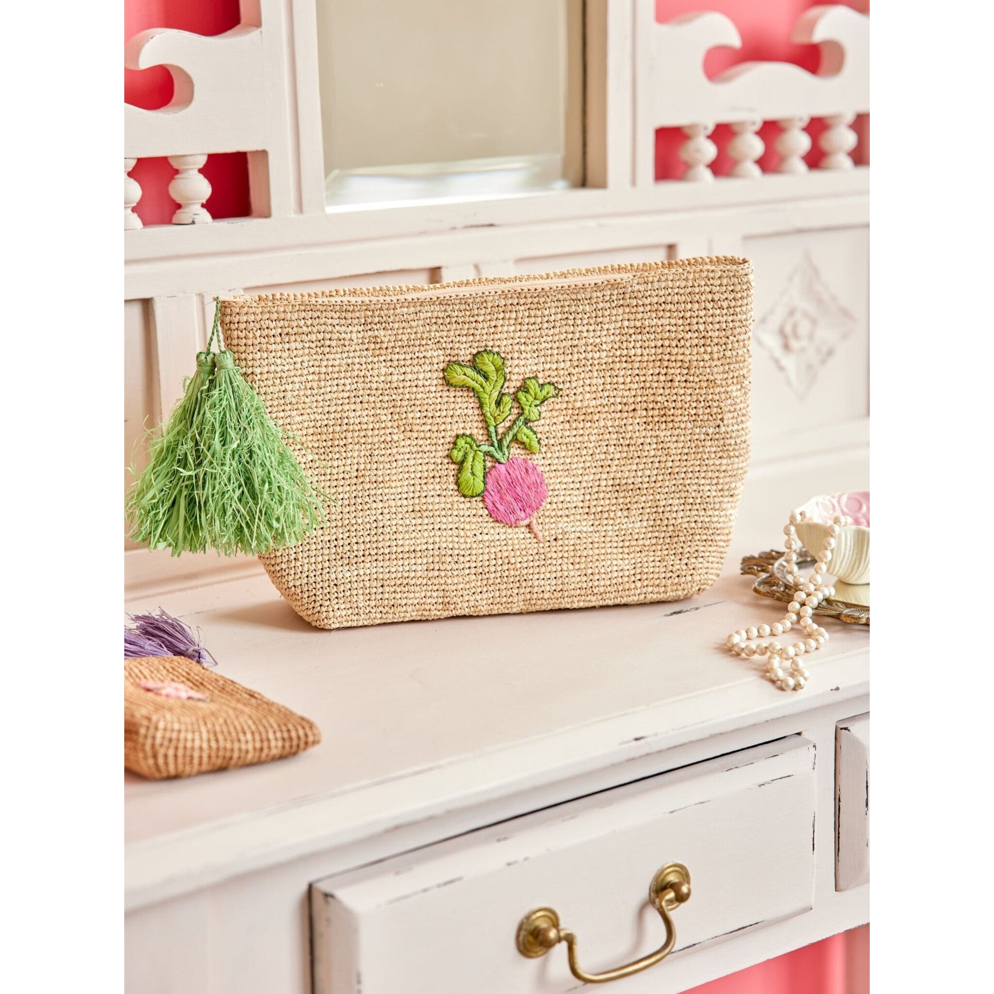 Große Raffia Handtasche Radieschen, beige