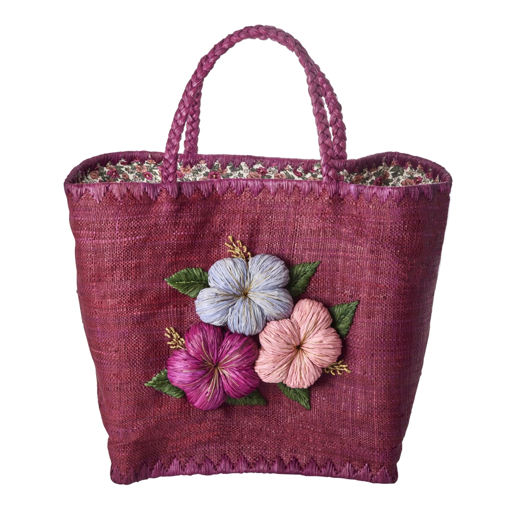 Große Raffia Tasche mit Blumenstickerei, pflaume 