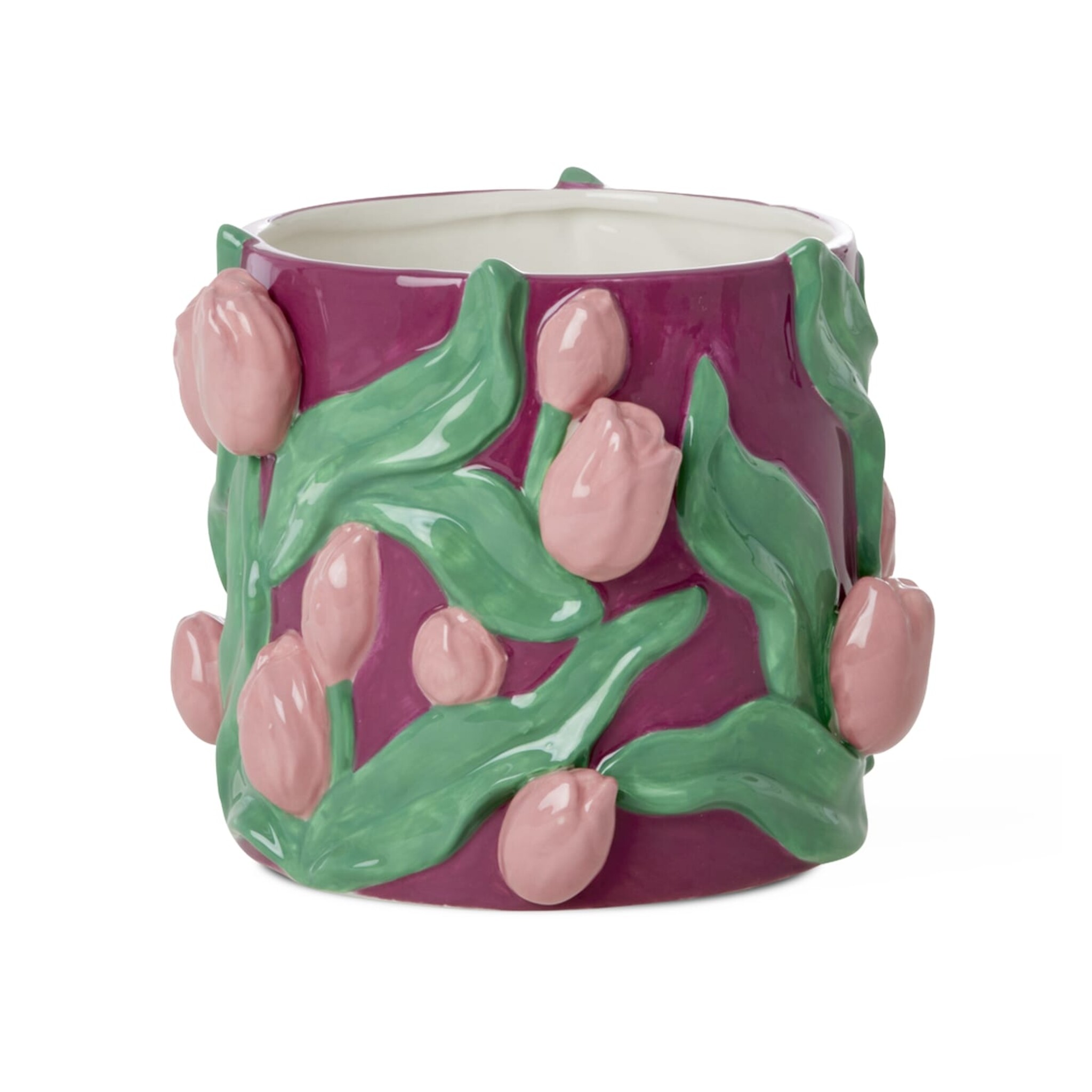 Handbemalter Keramik Blumentopf mit Tulpenmuster, rosa 