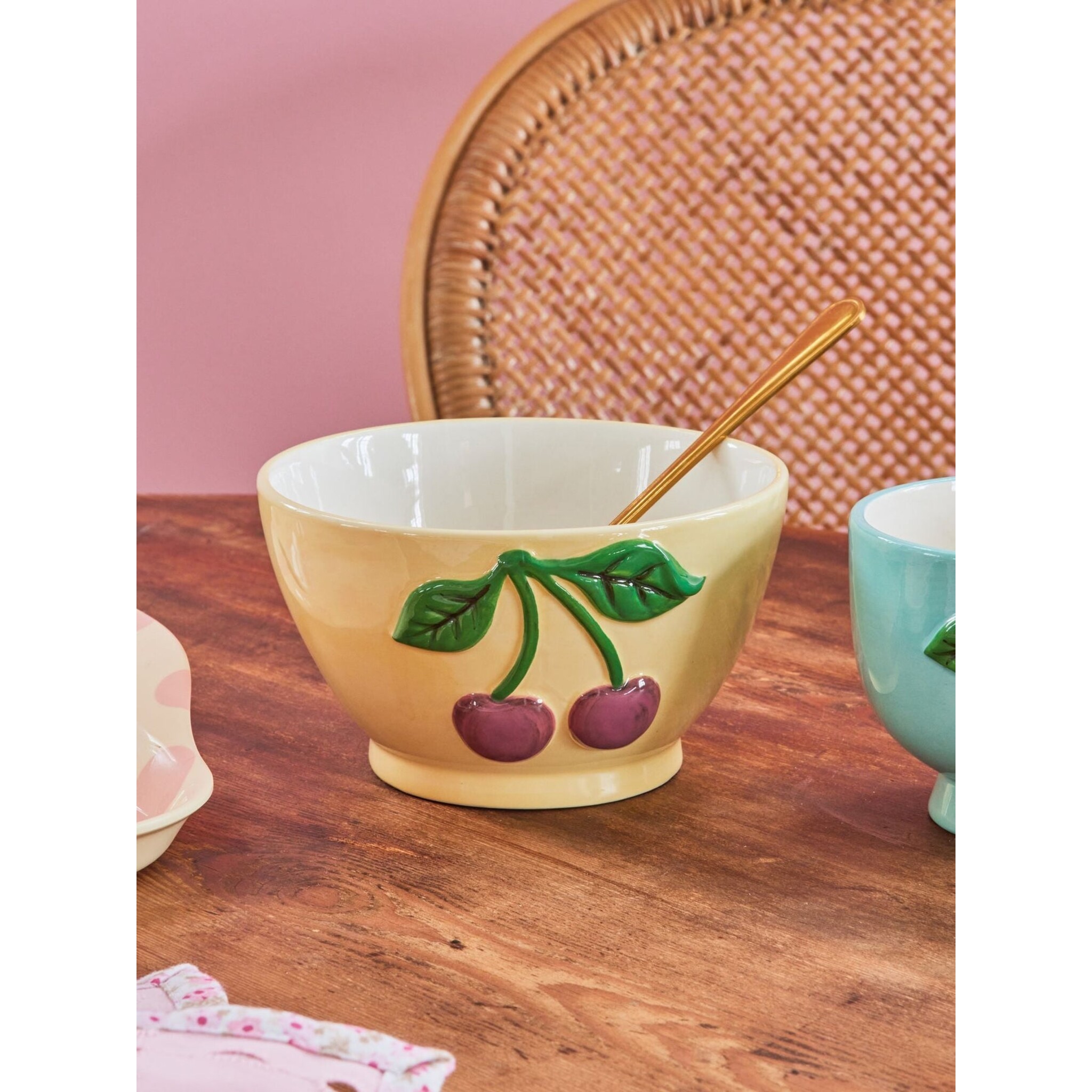 Keramik Schüssel mit Kirschen, creme Ø 14 cm, H:10 cm