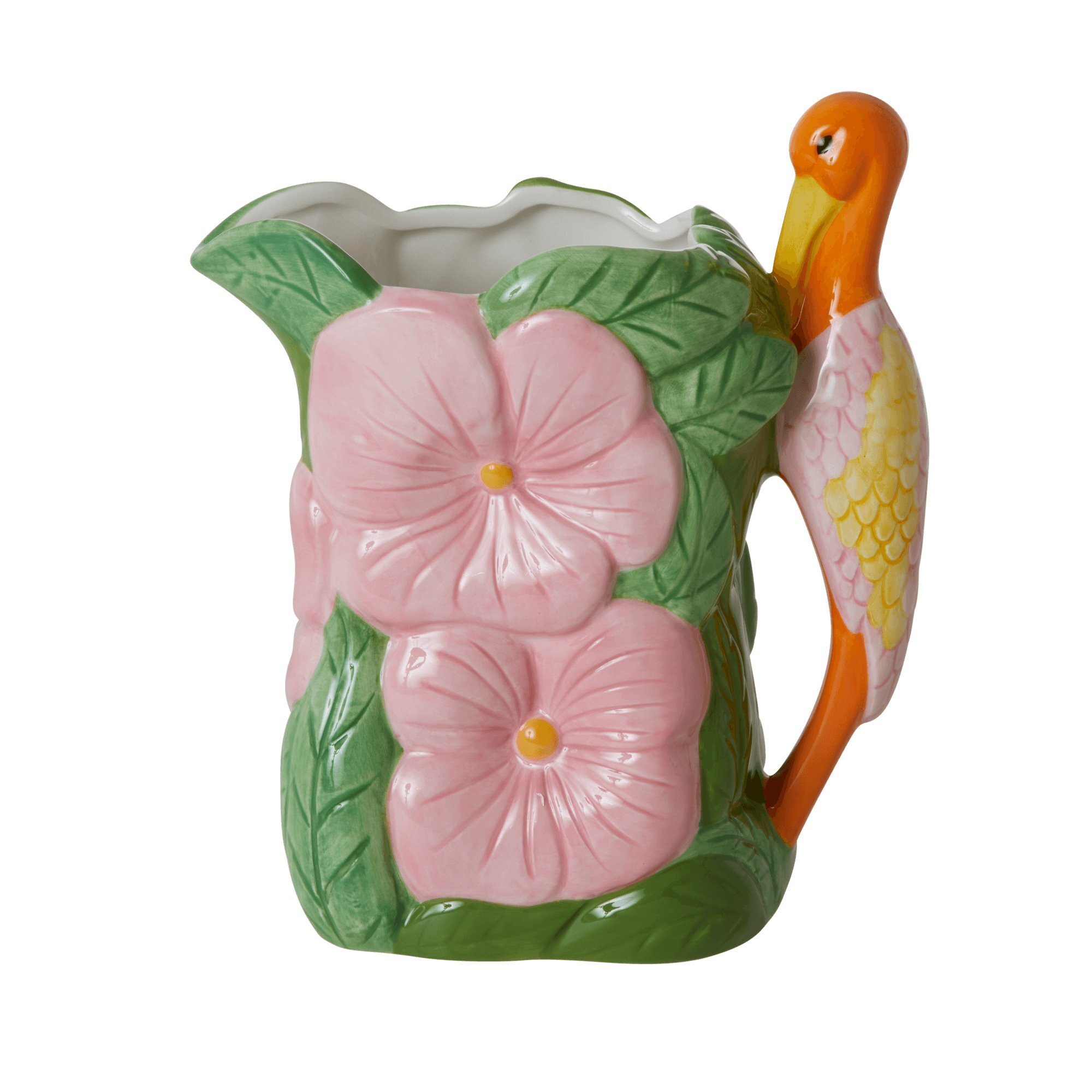 Keramik Vase mit Pelikan und Blumen, grün