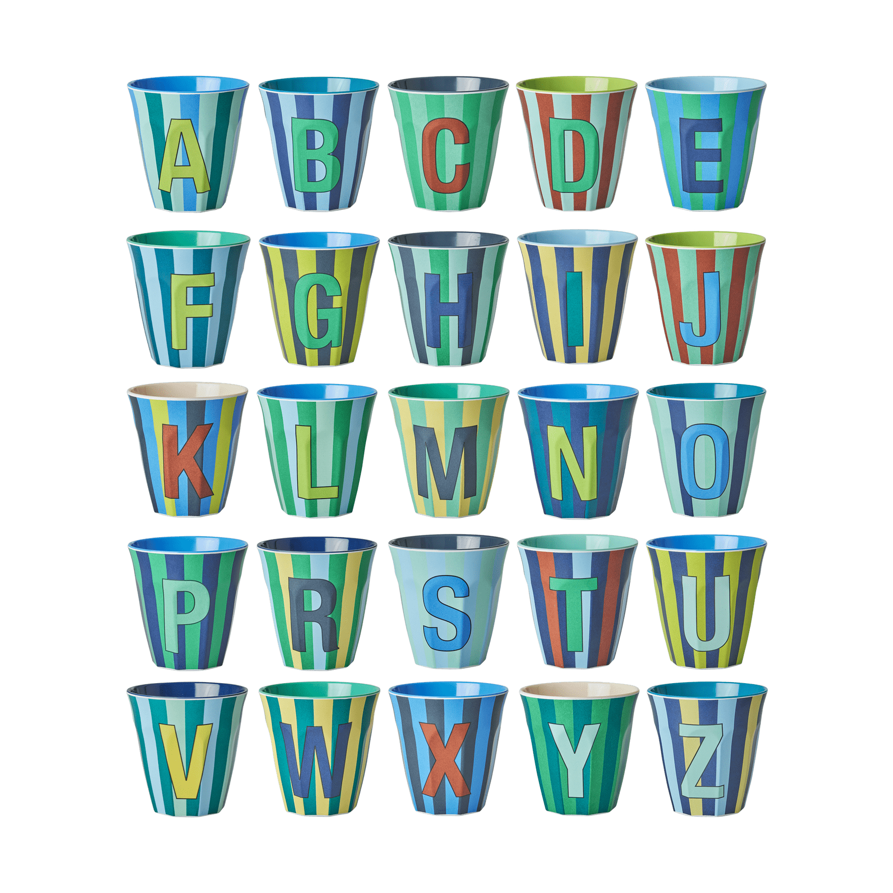 Melamin Buchstabenbecher gestreift,  Ø 9 cm, H:9 cm