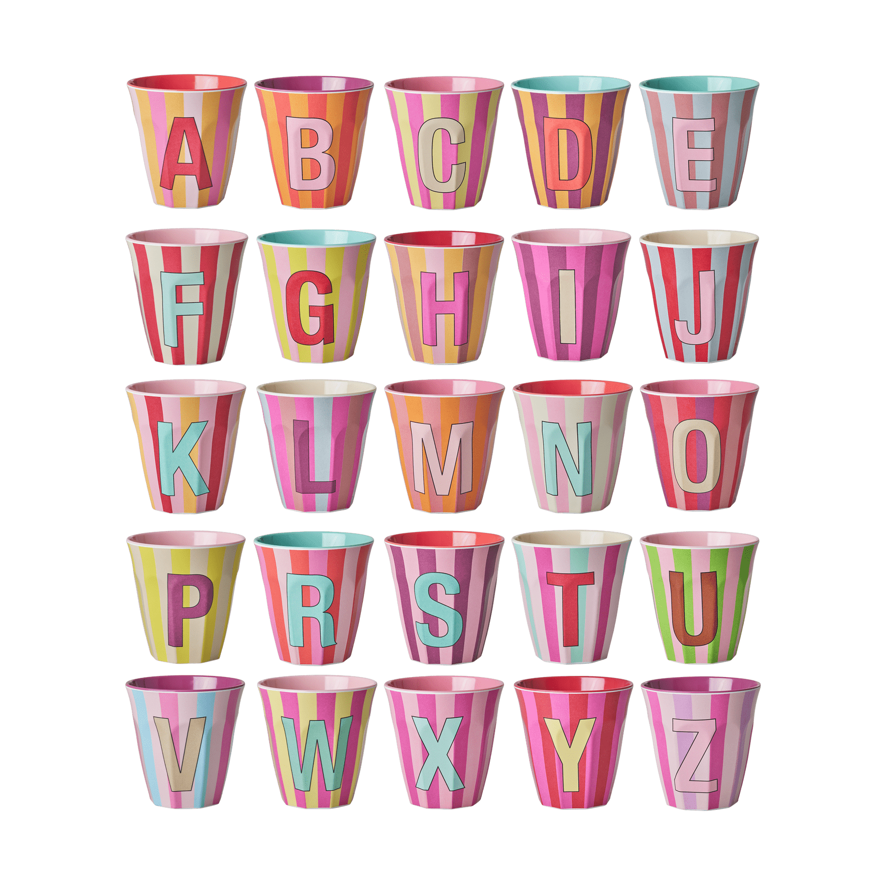 Melamin Buchstabenbecher gestreift,  Ø 9 cm, H:9 cm