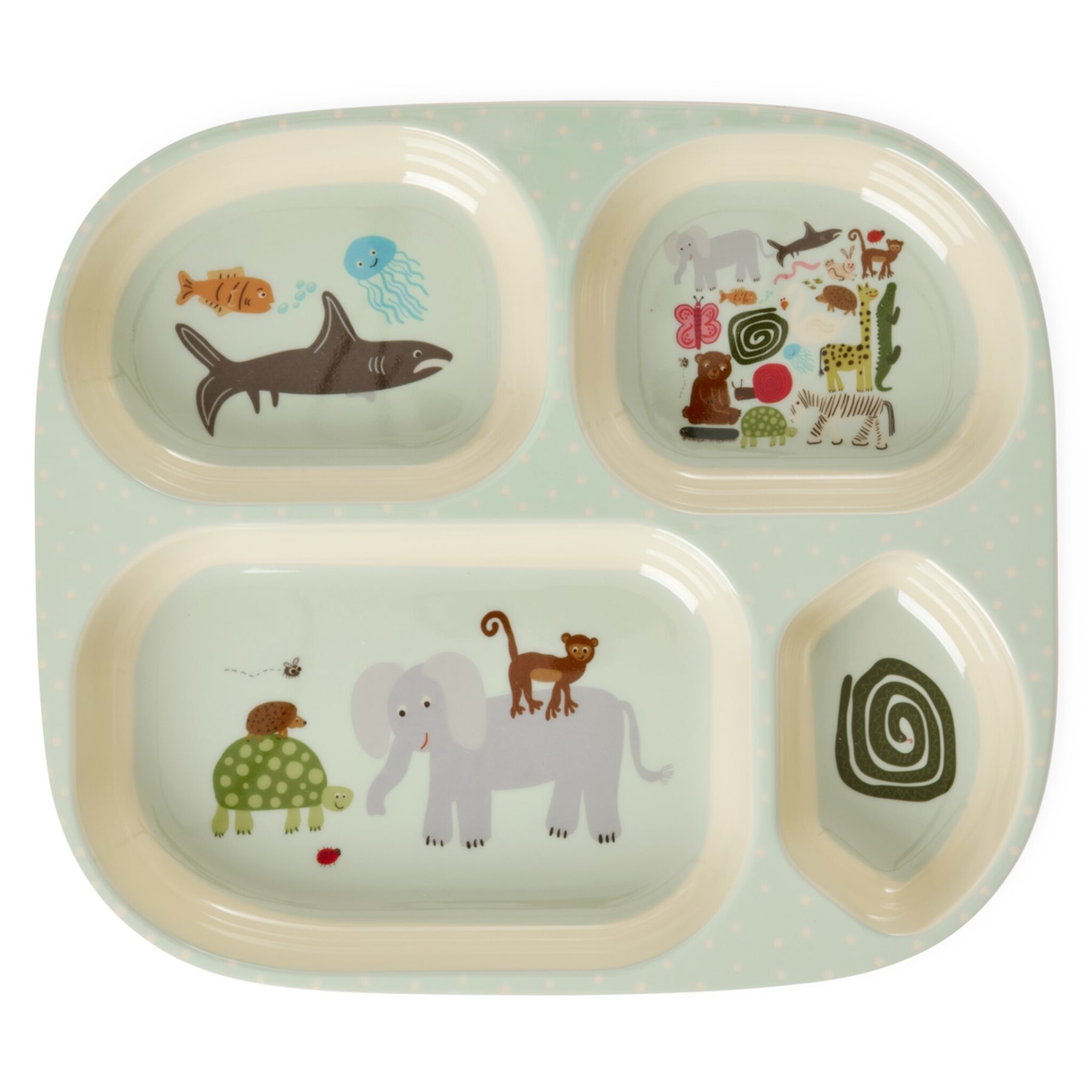 Melamin Kinderteller mit 4 Einteilungen Wildlife Print, mint 