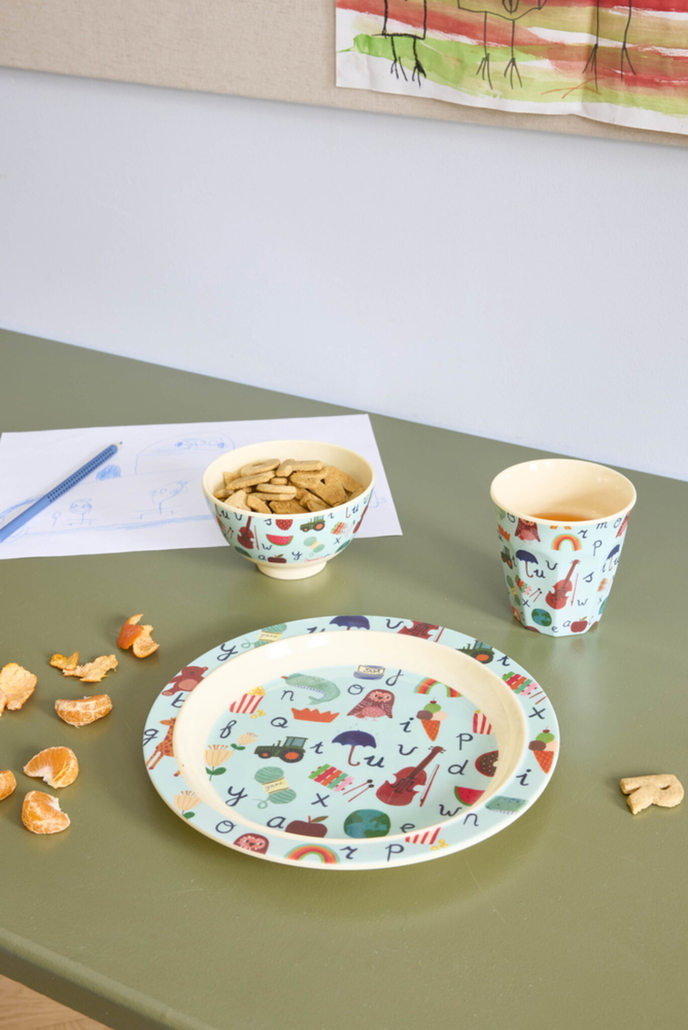 RICE Melamin Kinderteller - Bunter ABC Print, blau 