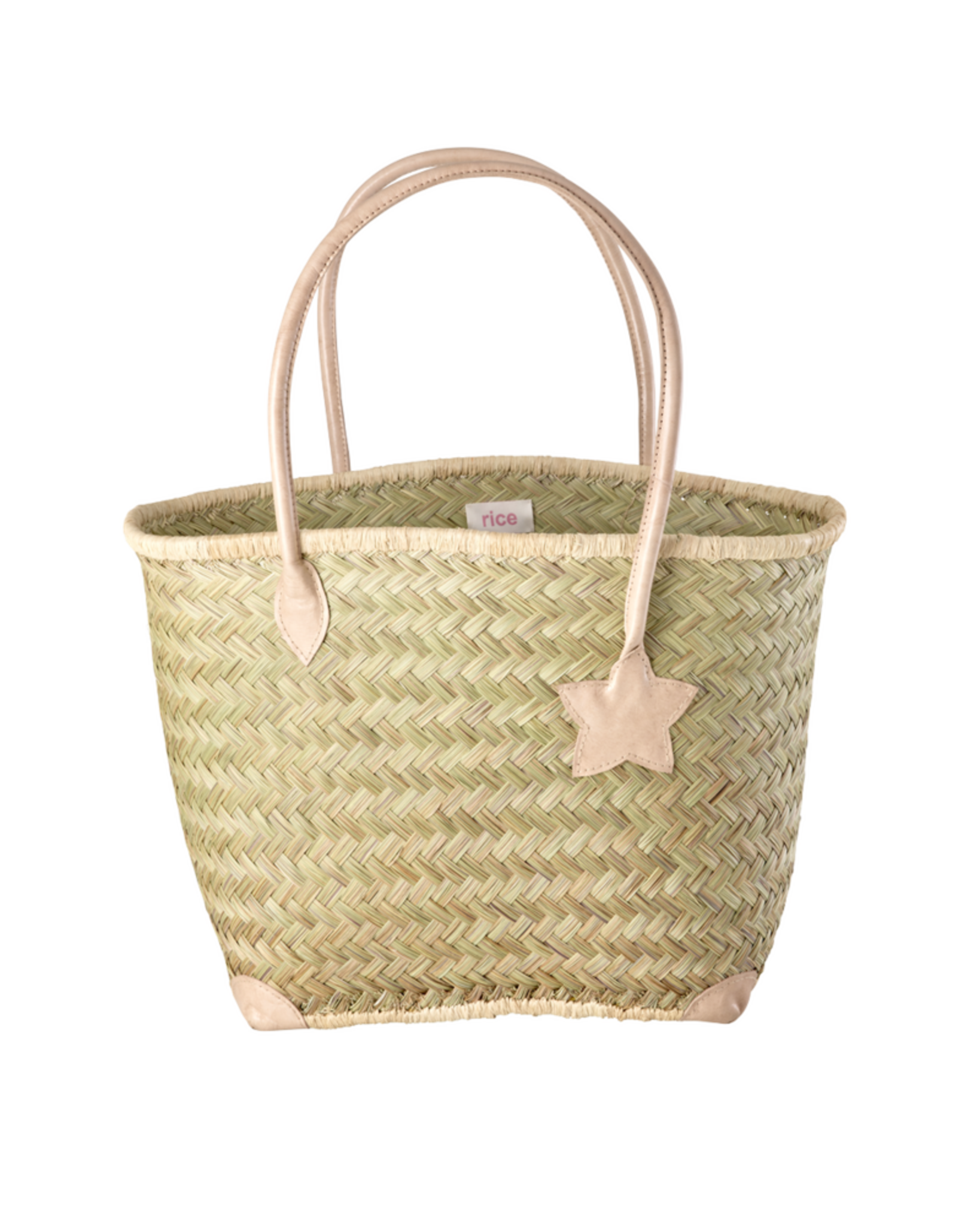 RICE Basttasche groß mit Ledergriffen, natur 