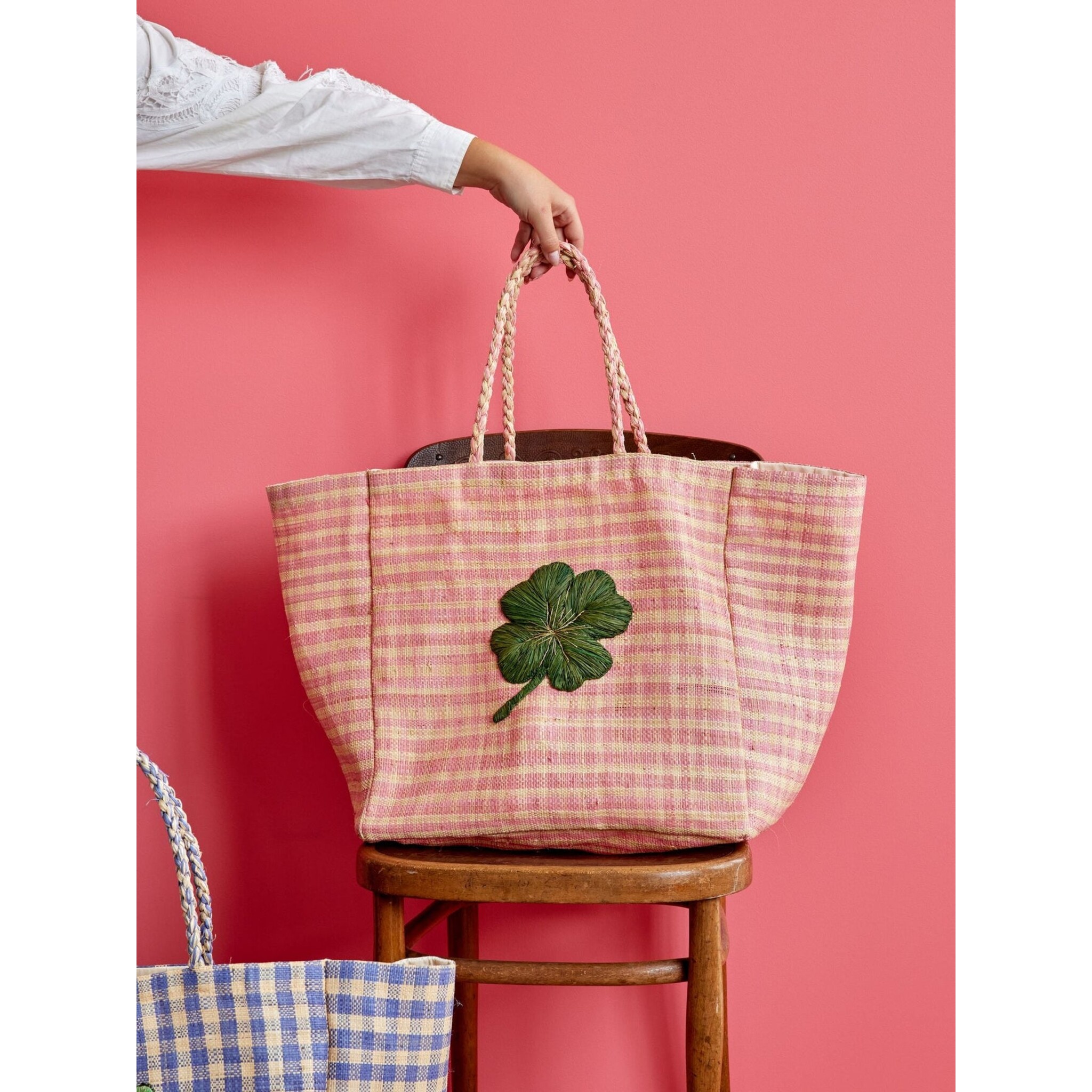 Raffia Shopping Tasche Karriert, rosa L:40 cm, B:40 cm, H:30 cm