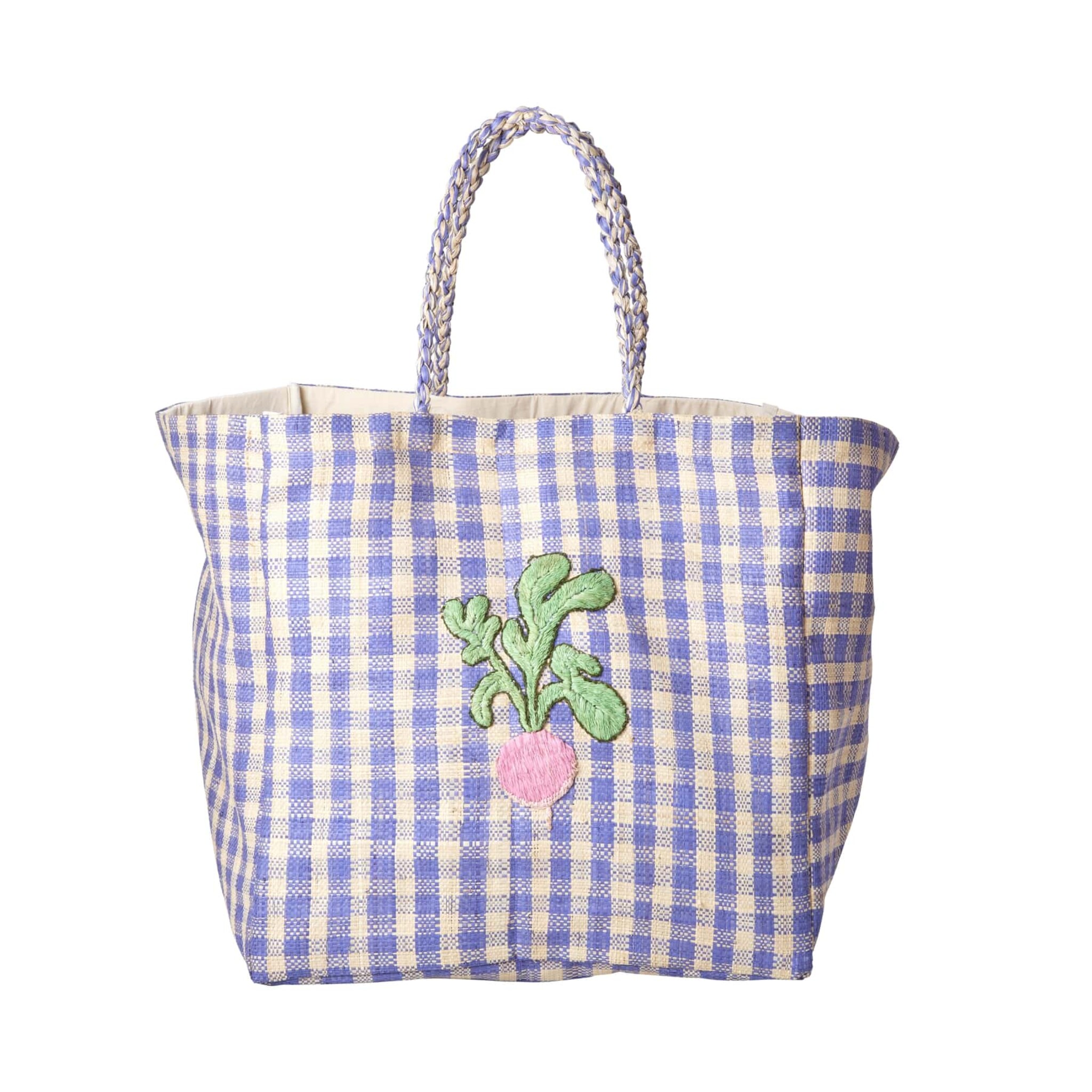Raffia Shopping Tasche Karriert, blau L:40 cm, B:40 cm, H:30 cm