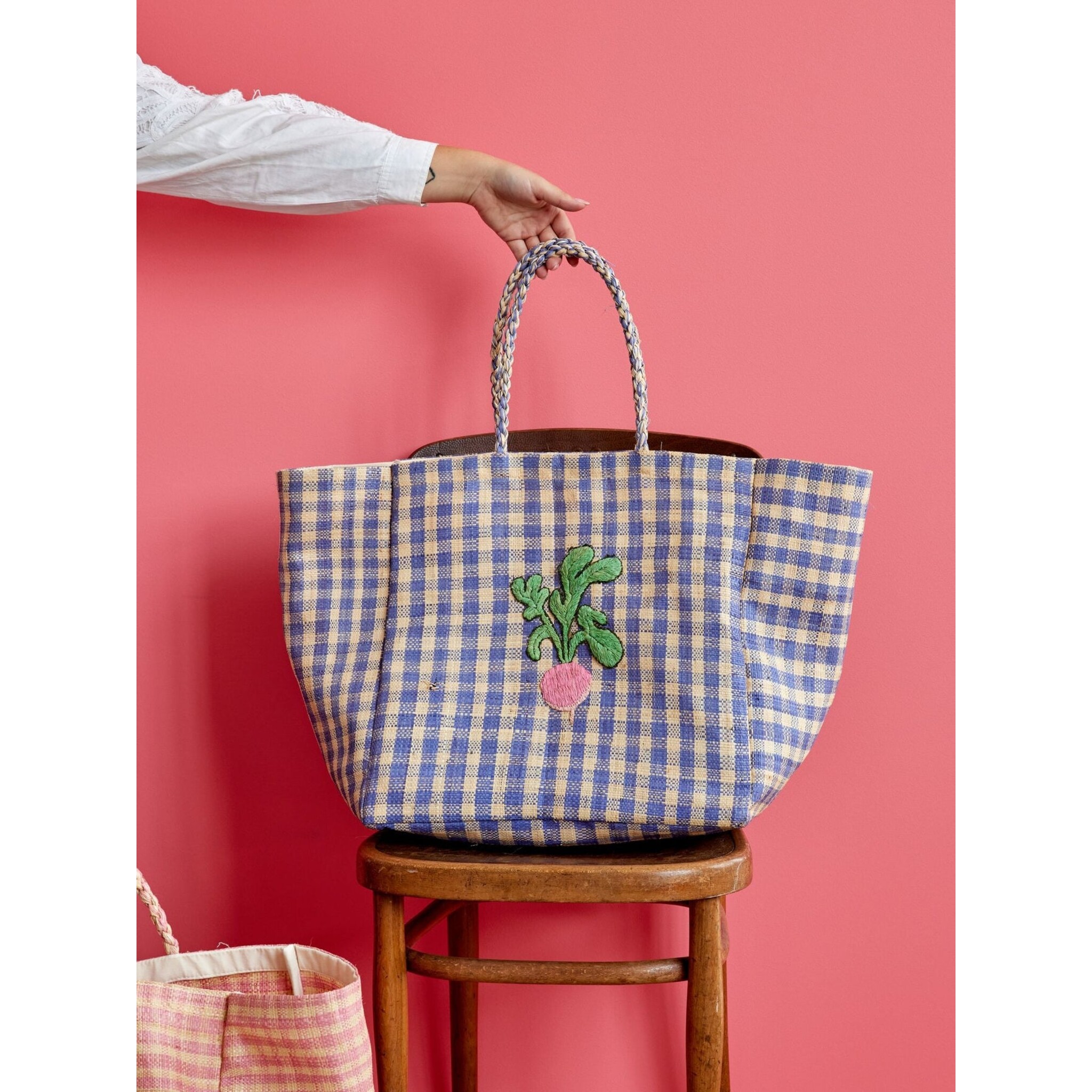 Raffia Shopping Tasche Karriert, blau L:40 cm, B:40 cm, H:30 cm