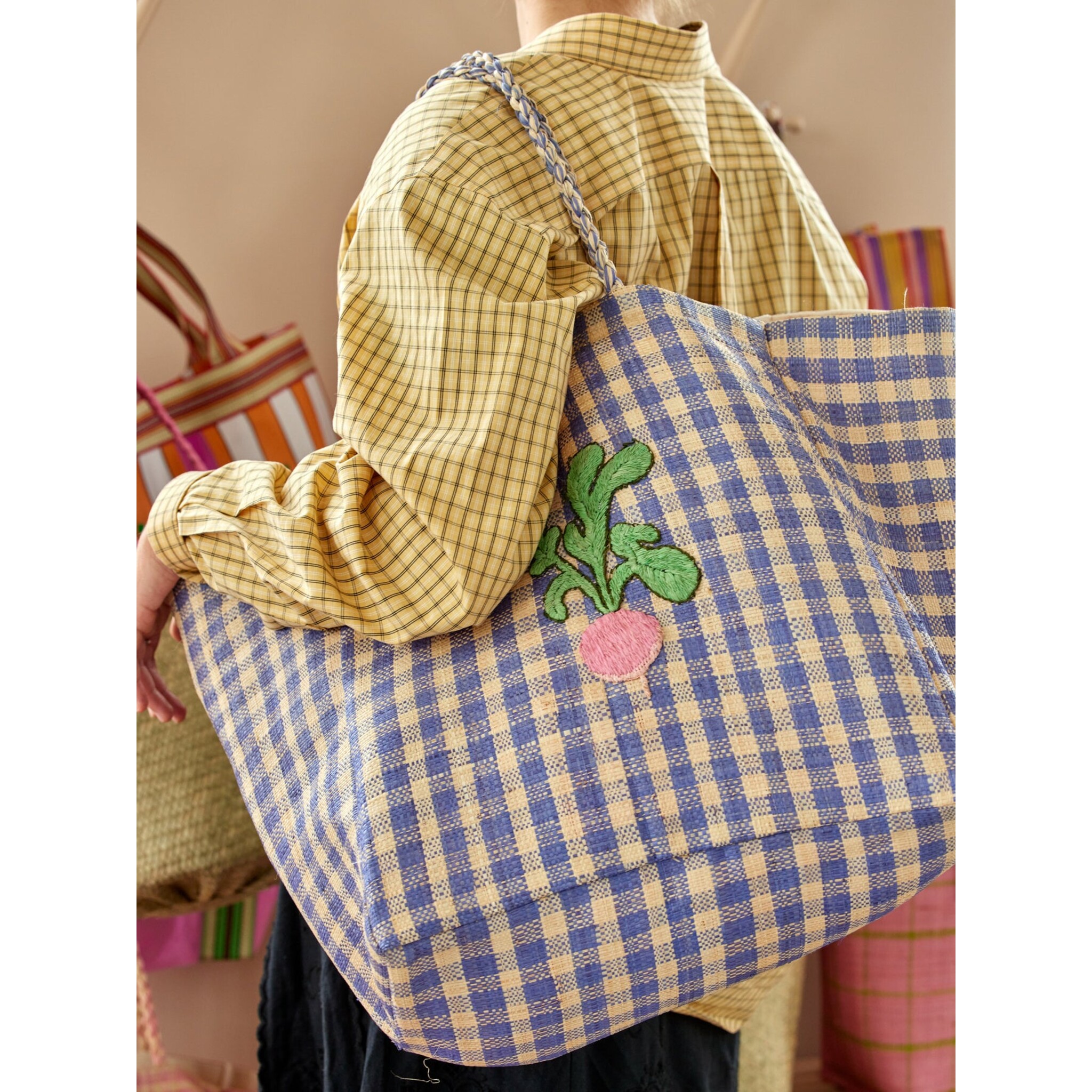 Raffia Shopping Tasche Karriert, blau L:40 cm, B:40 cm, H:30 cm