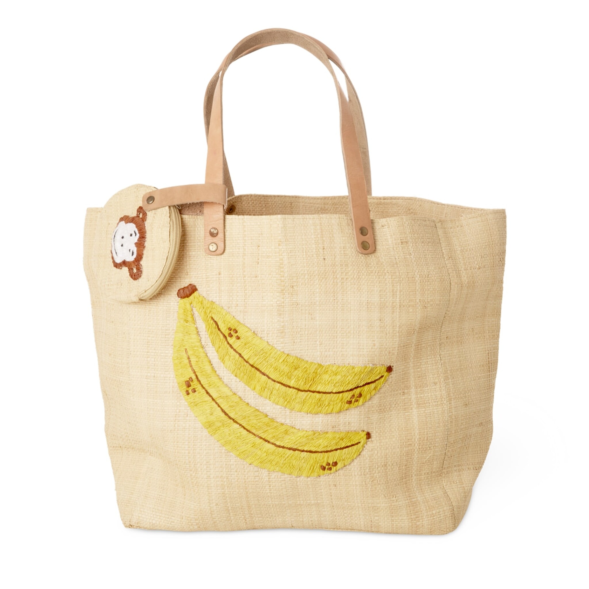 Raffia Tasche Banane mit Ledergriffen, beige 