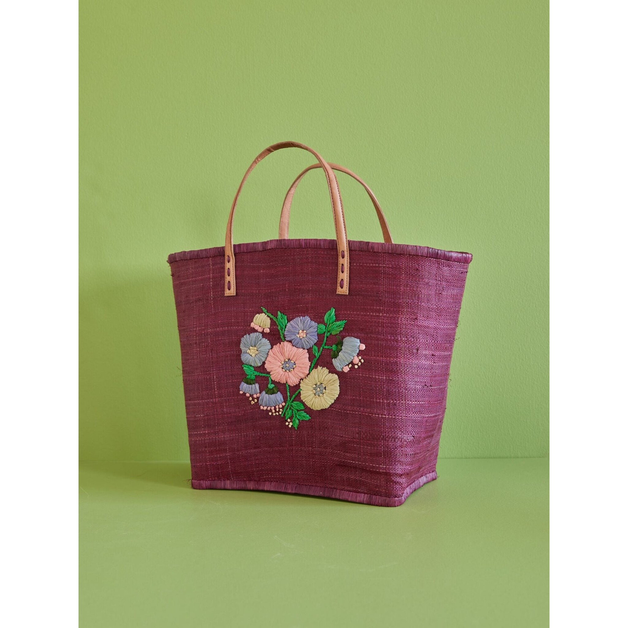 Raffia Tasche Blumenmuster mit Lederriemen, bordeaux L:28 cm, B:30 cm, H:20 cm