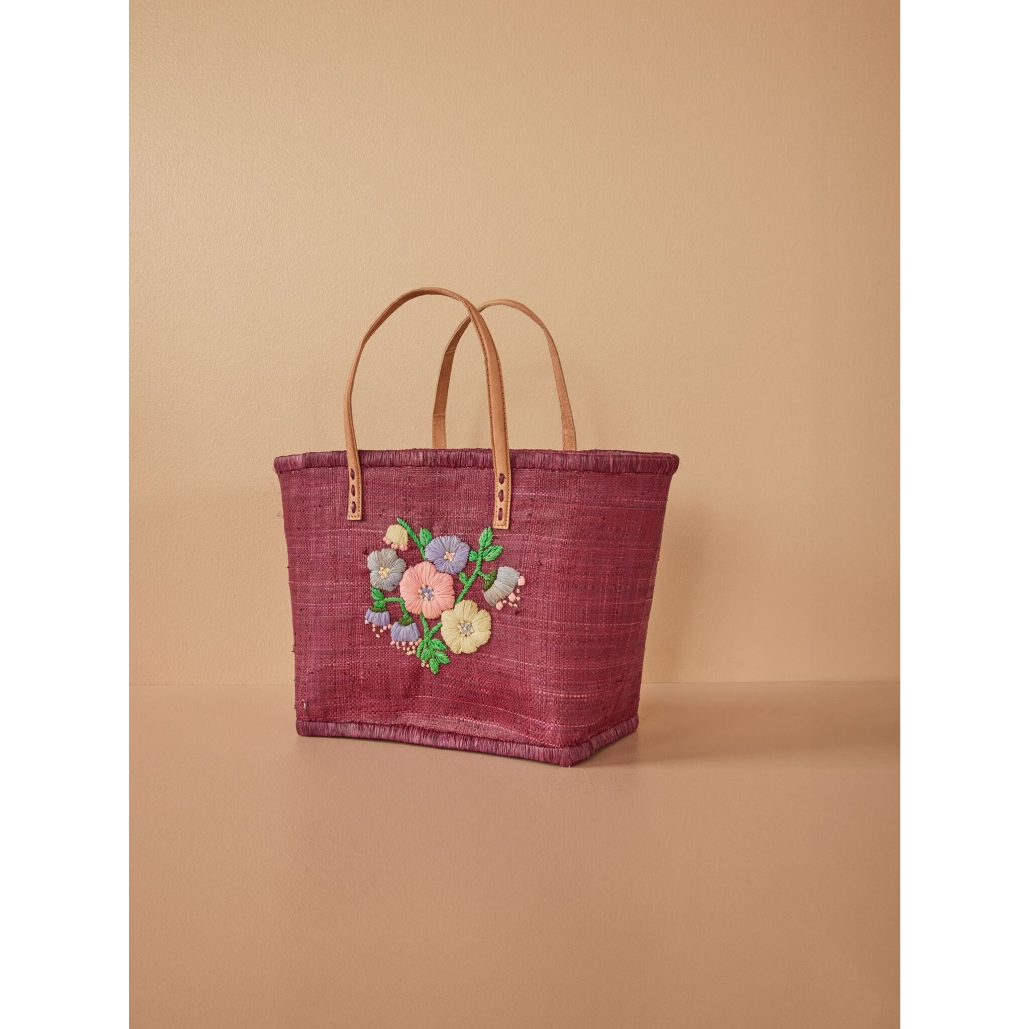 Raffia Tasche Blumenmuster mit Lederriemen, bordeaux L:33 cm, B:36 cm, H:24 cm