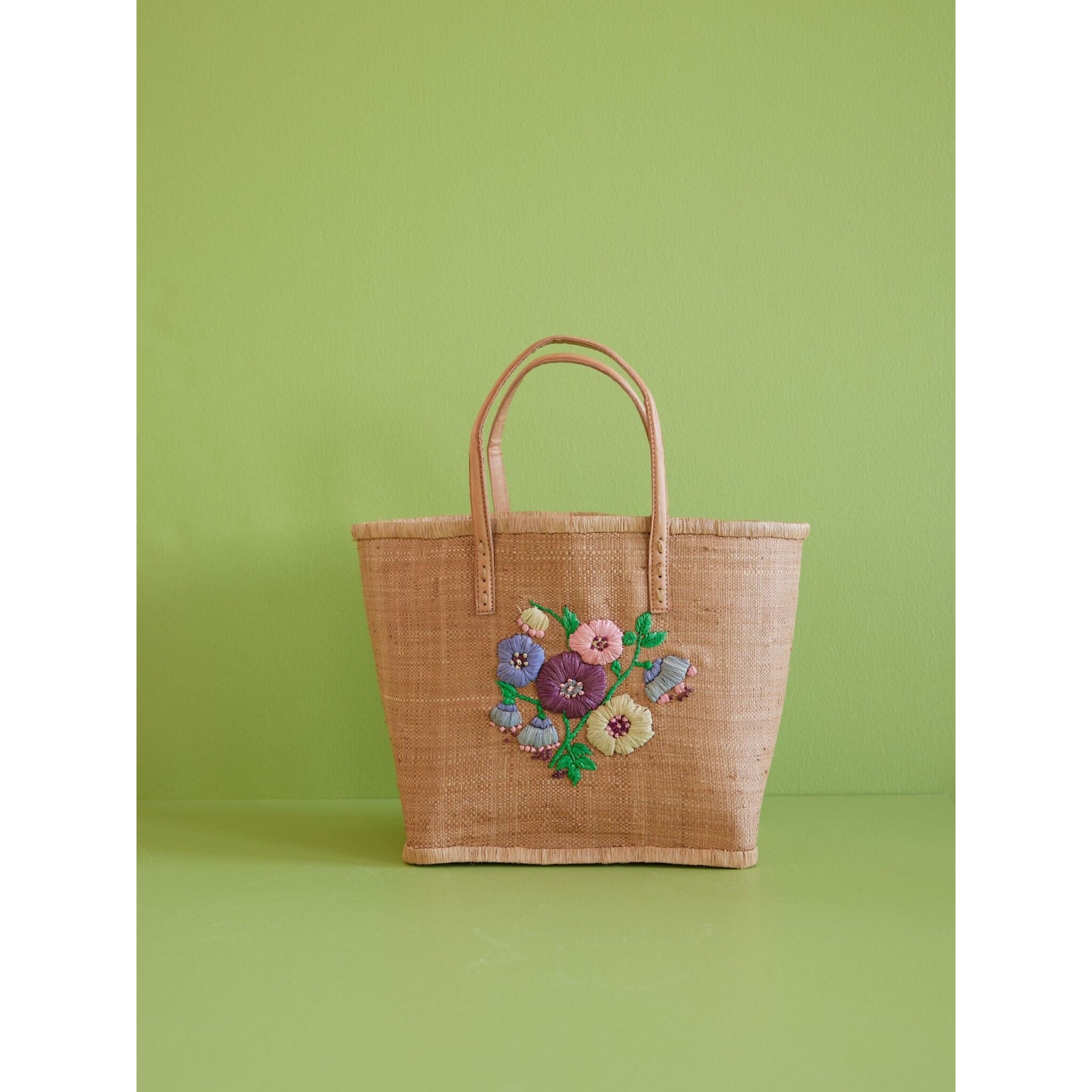 Raffia Tasche Blumenmuster mit Lederriemen, braun L:28 cm, B:30 cm, H:20 cm