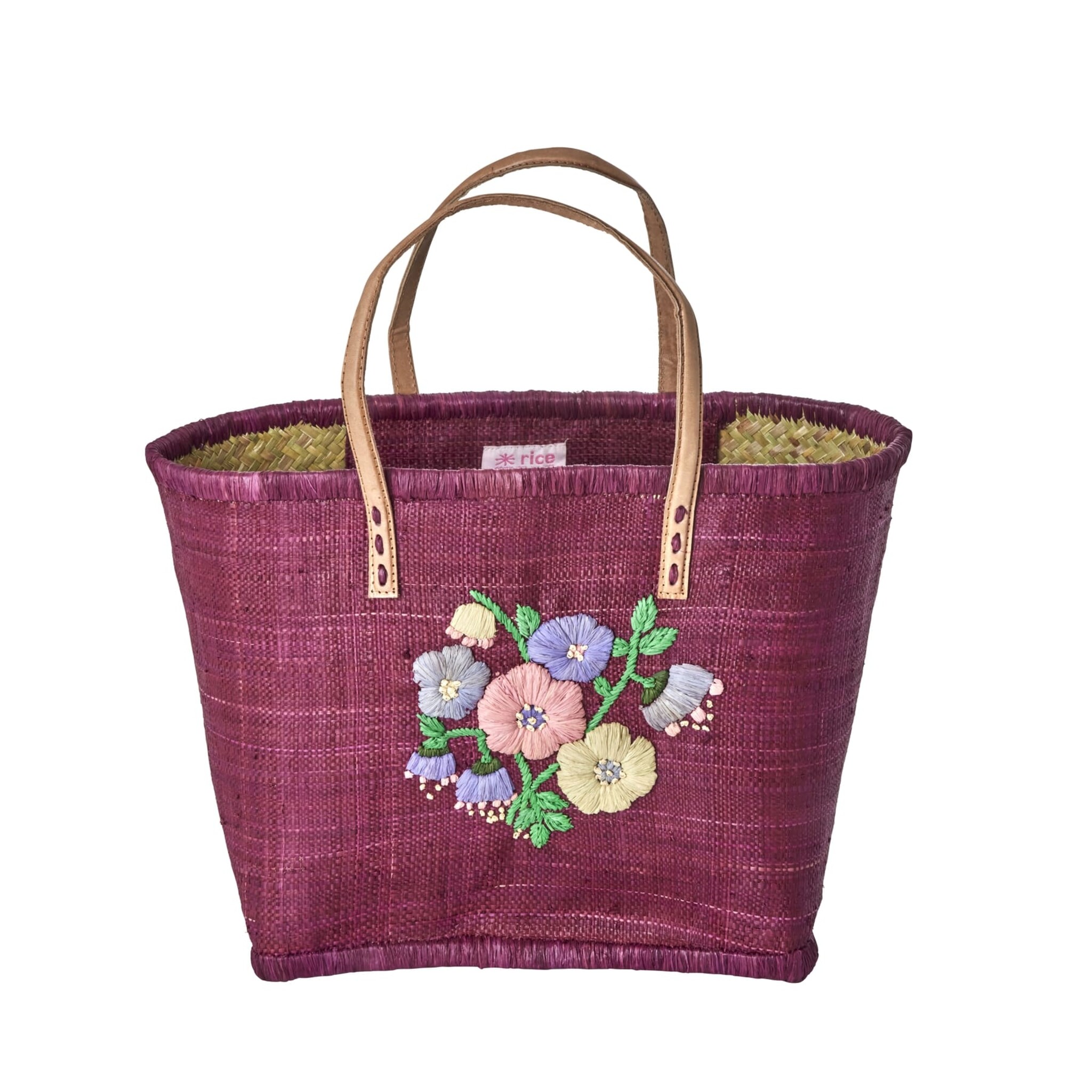 Raffia Tasche Blumenmuster mit Lederriemen, bordeaux L:28 cm, B:30 cm, H:20 cm