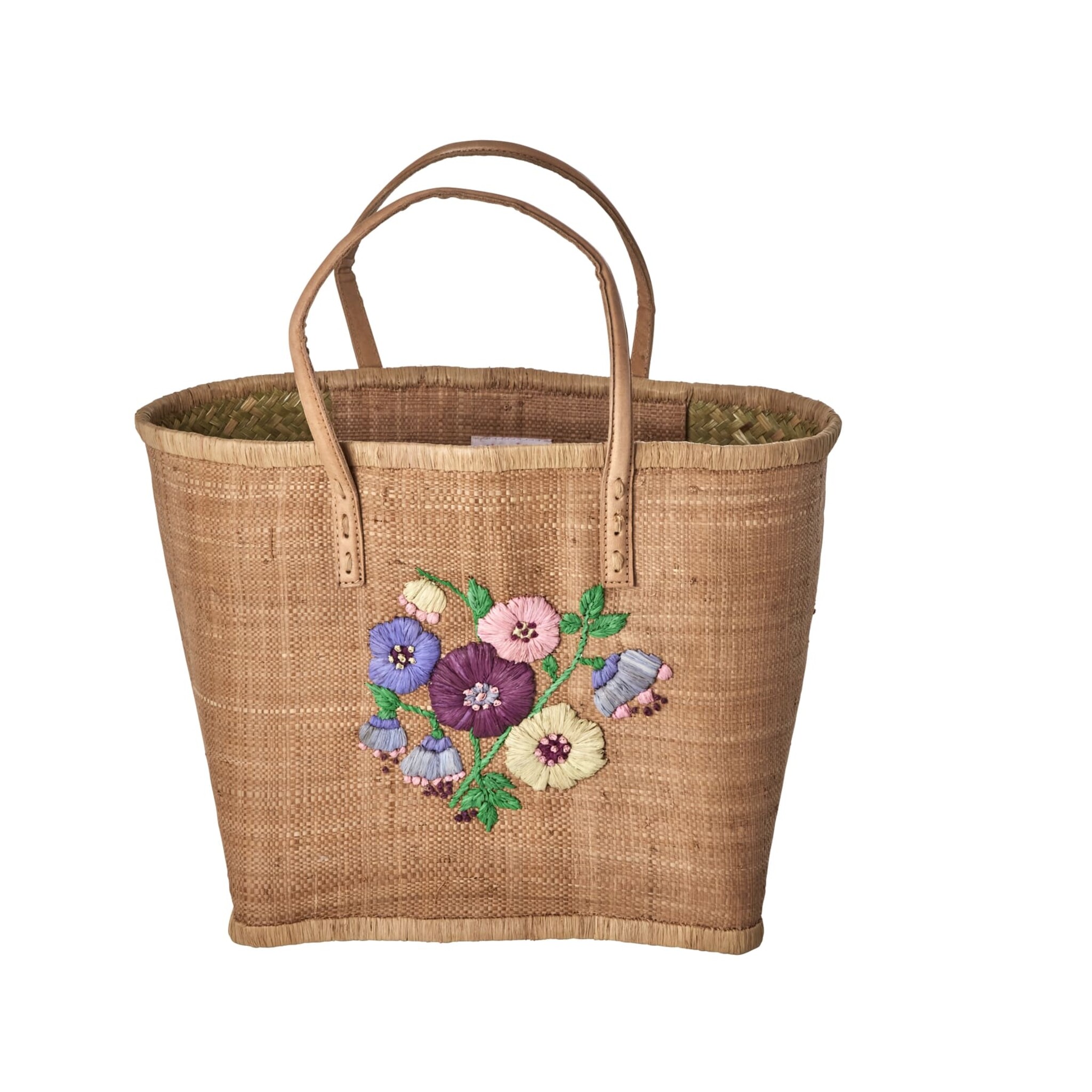 Raffia Tasche Blumenmuster mit Lederriemen, braun L:28 cm, B:30 cm, H:20 cm